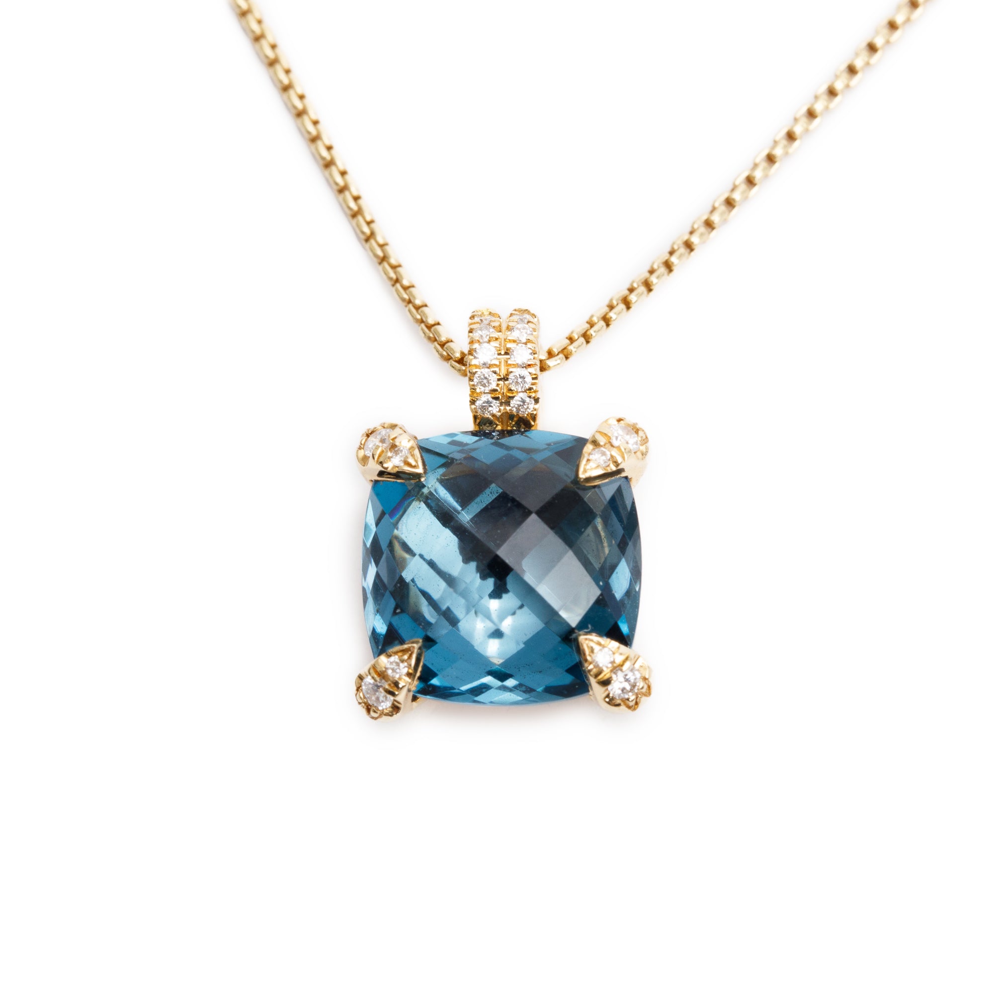 David Yurman 18k Yellow Gold Hampton Blue Topaz & Diamond Chatelaine Pendant Necklace w/ Box & Receipt