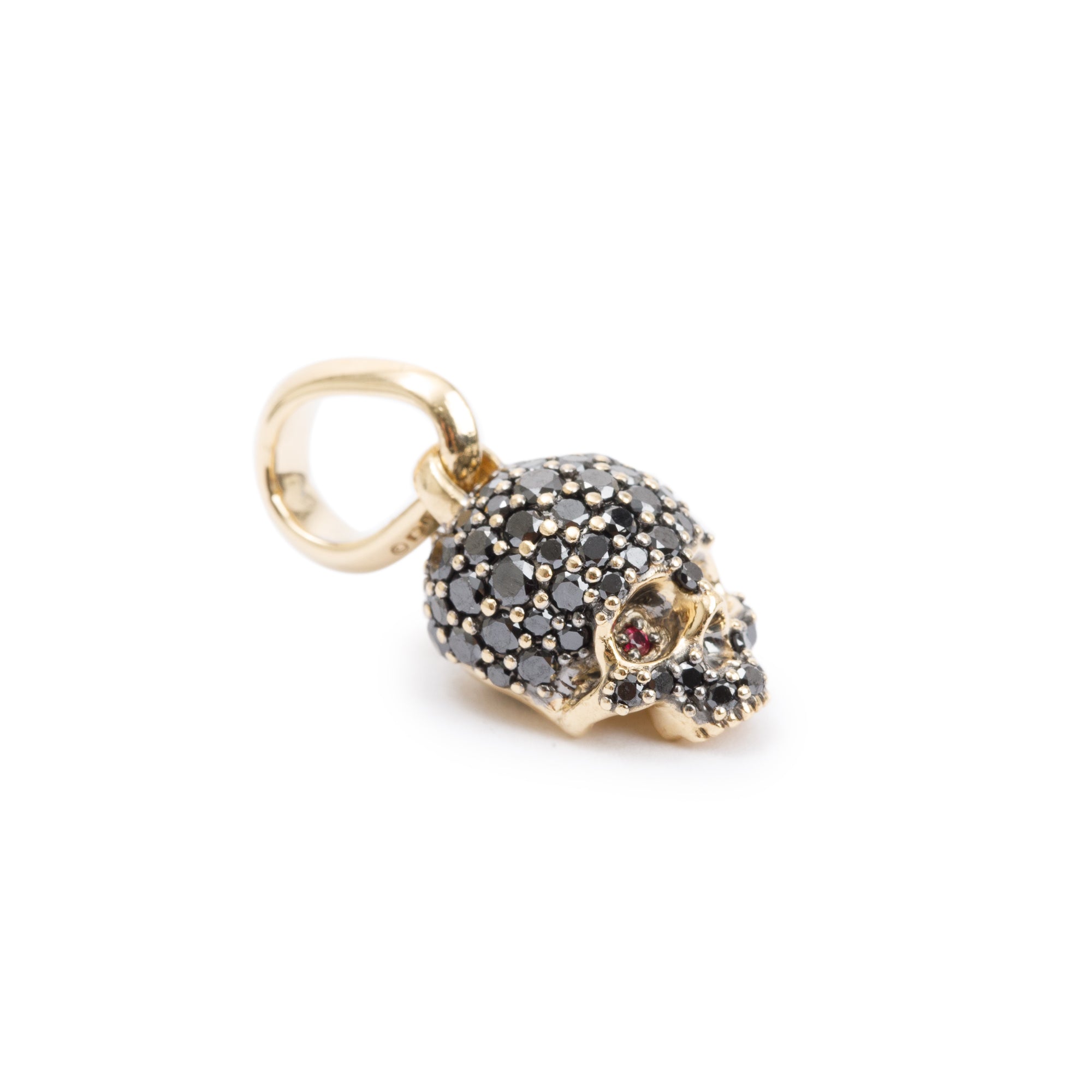 David Yurman 18k Yellow Gold Pave Black Diamond & Ruby Memento Mori Skull Amulet w/ Box