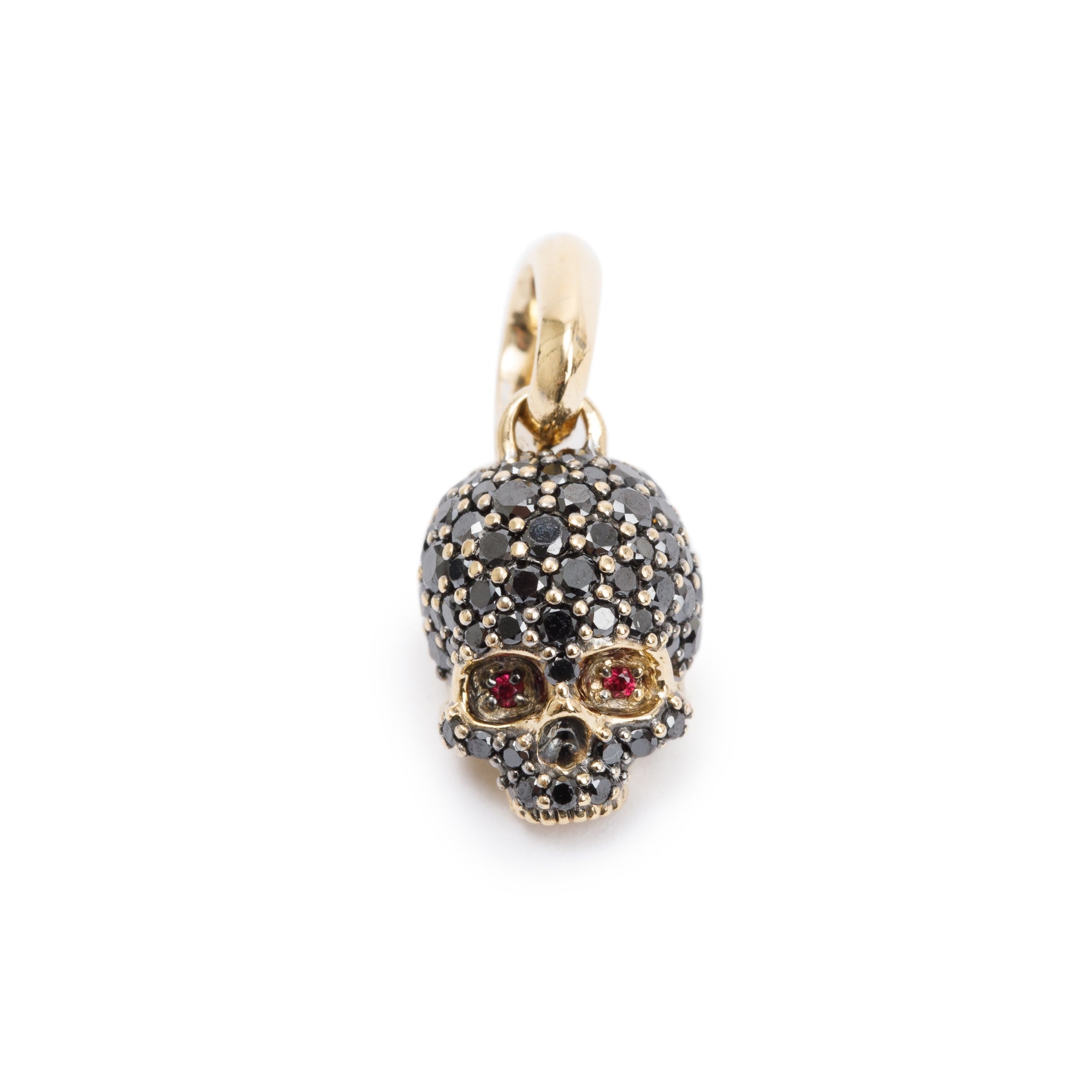 David Yurman 18k Yellow Gold Pave Black Diamond & Ruby Memento Mori Skull Amulet w/ Box