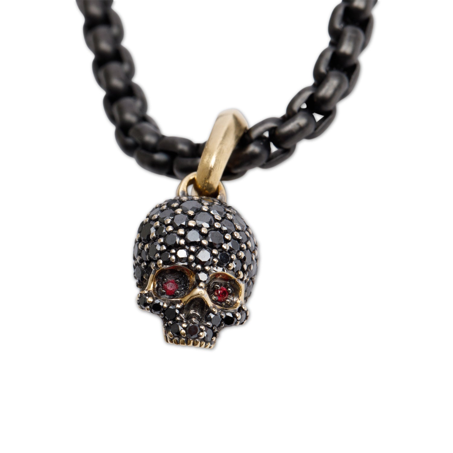 David Yurman 18k Yellow Gold Pave Black Diamond & Ruby Memento Mori Skull Amulet with 4MM Darkened Stainless Steel Box Chain