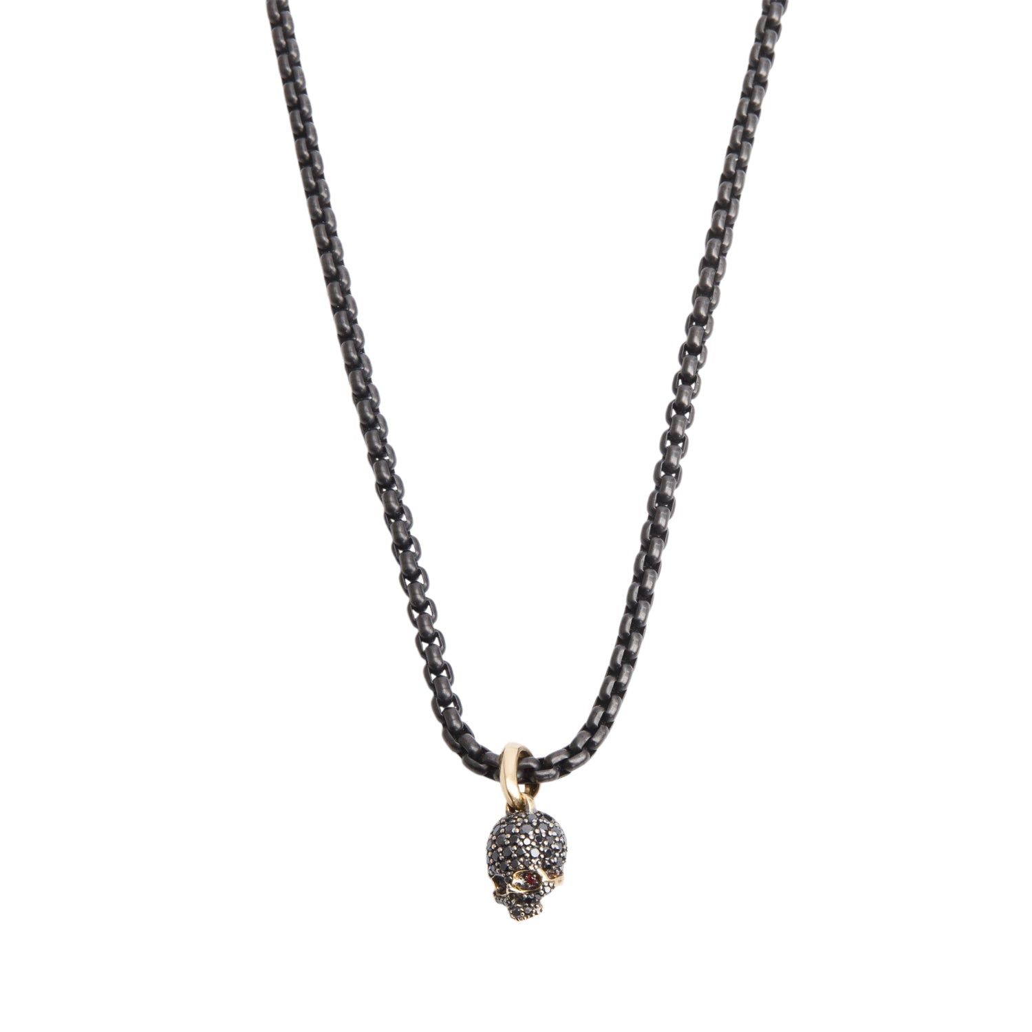 David Yurman 18k Yellow Gold Pave Black Diamond & Ruby Memento Mori Skull Amulet with 4MM Darkened Stainless Steel Box Chain