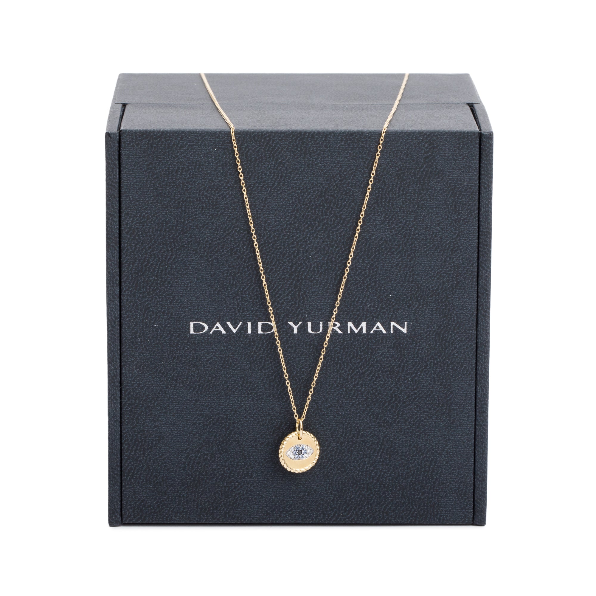 David Yurman 18k Yellow Gold Pave Sapphire & Diamond Cable Collectibles Evil Eye Pendant Necklace w/ Box & Receipt