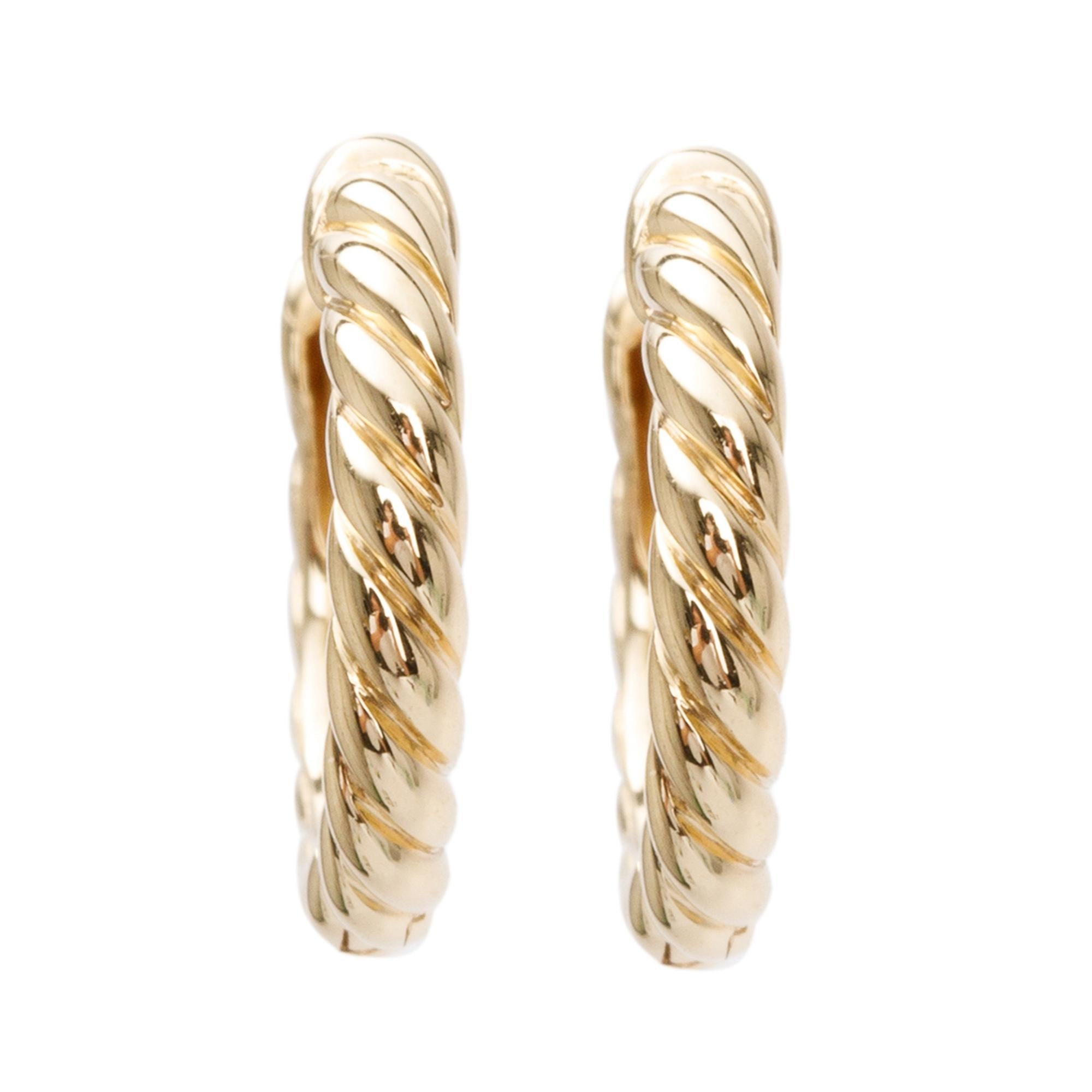 David Yurman 18k Yellow Gold Sculpted Cable Huggie Hoop Earrings w/ Box