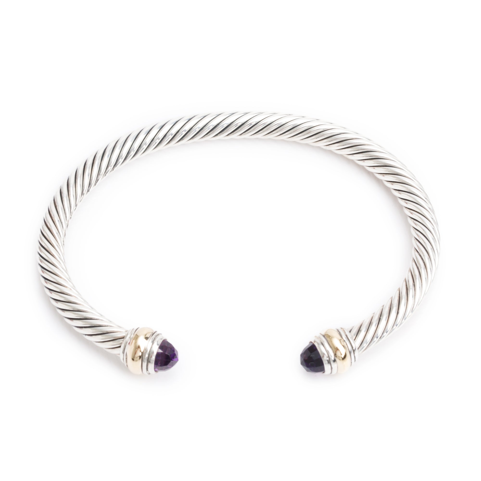 David Yurman Sterling Silver & 14k Yellow Gold Amethyst 5MM Cable Cuff Bracelet w/ Box