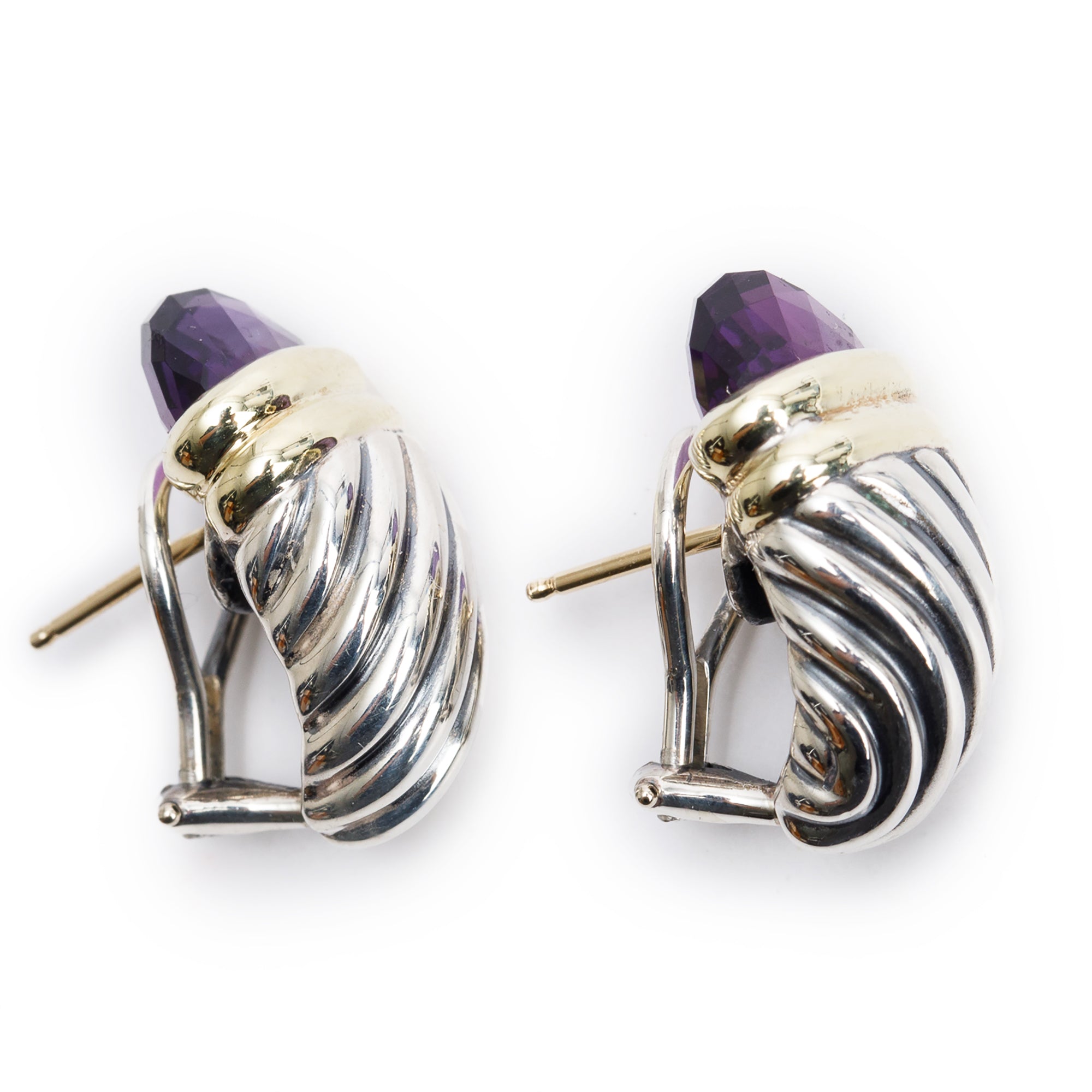David Yurman Sterling Silver & 14k Yellow Gold Amethyst Shrimp Earrings
