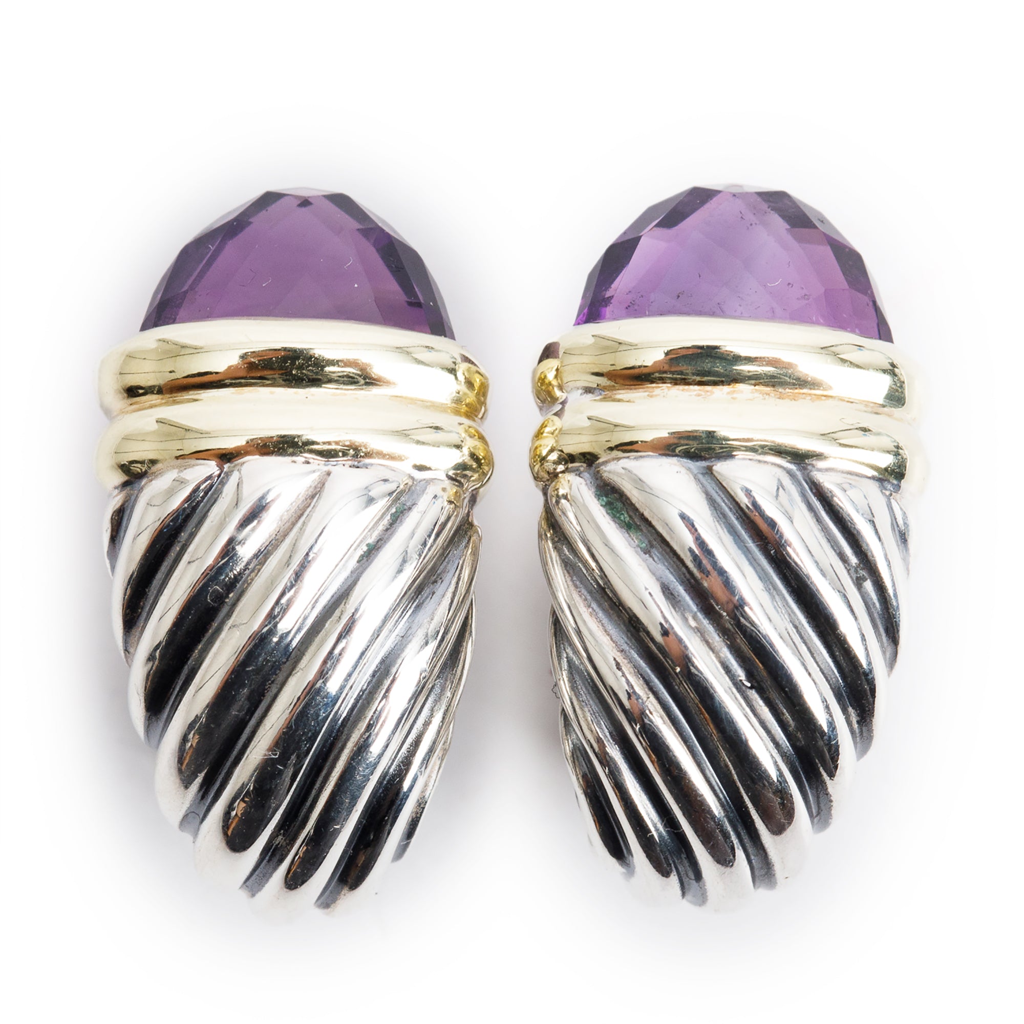 David Yurman Sterling Silver & 14k Yellow Gold Amethyst Shrimp Earrings