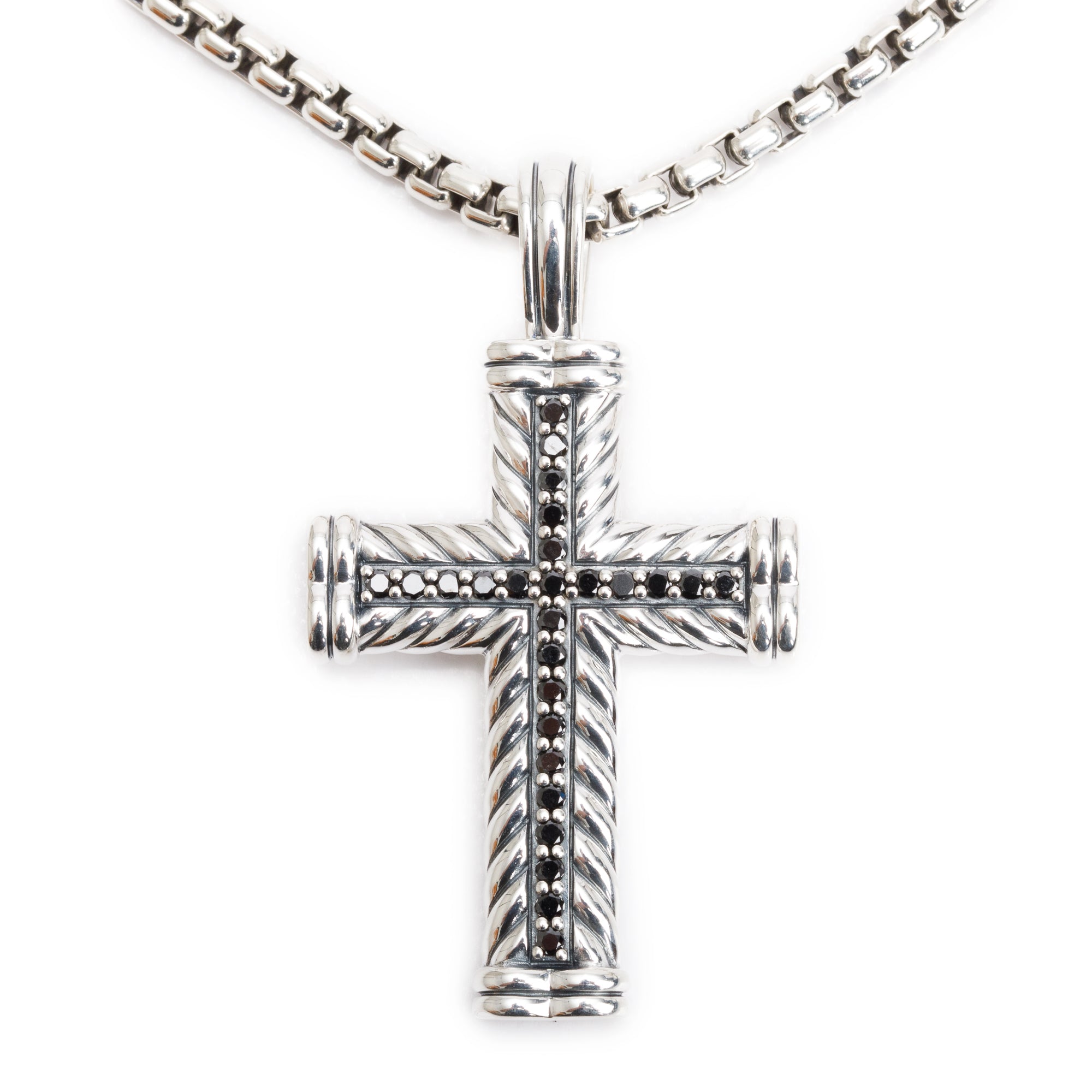 David Yurman Sterling Silver & 14k Yellow Gold Black Diamond Chevron Cross Pendant Necklace, 41.5 MM