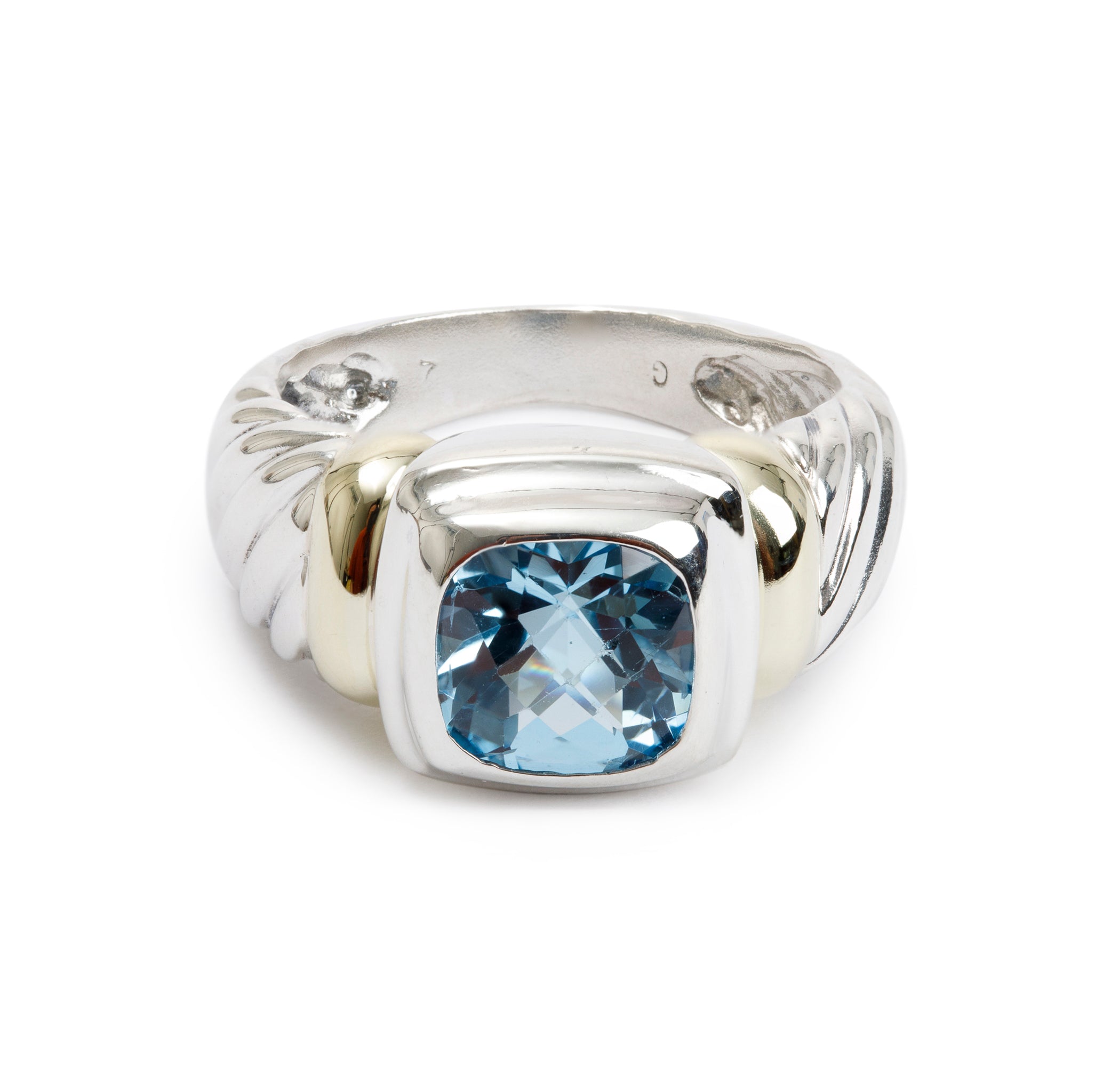 David Yurman Sterling Silver & 14k Yellow Gold Blue Topaz Sculpted Cable Cocktail Ring, Size 6