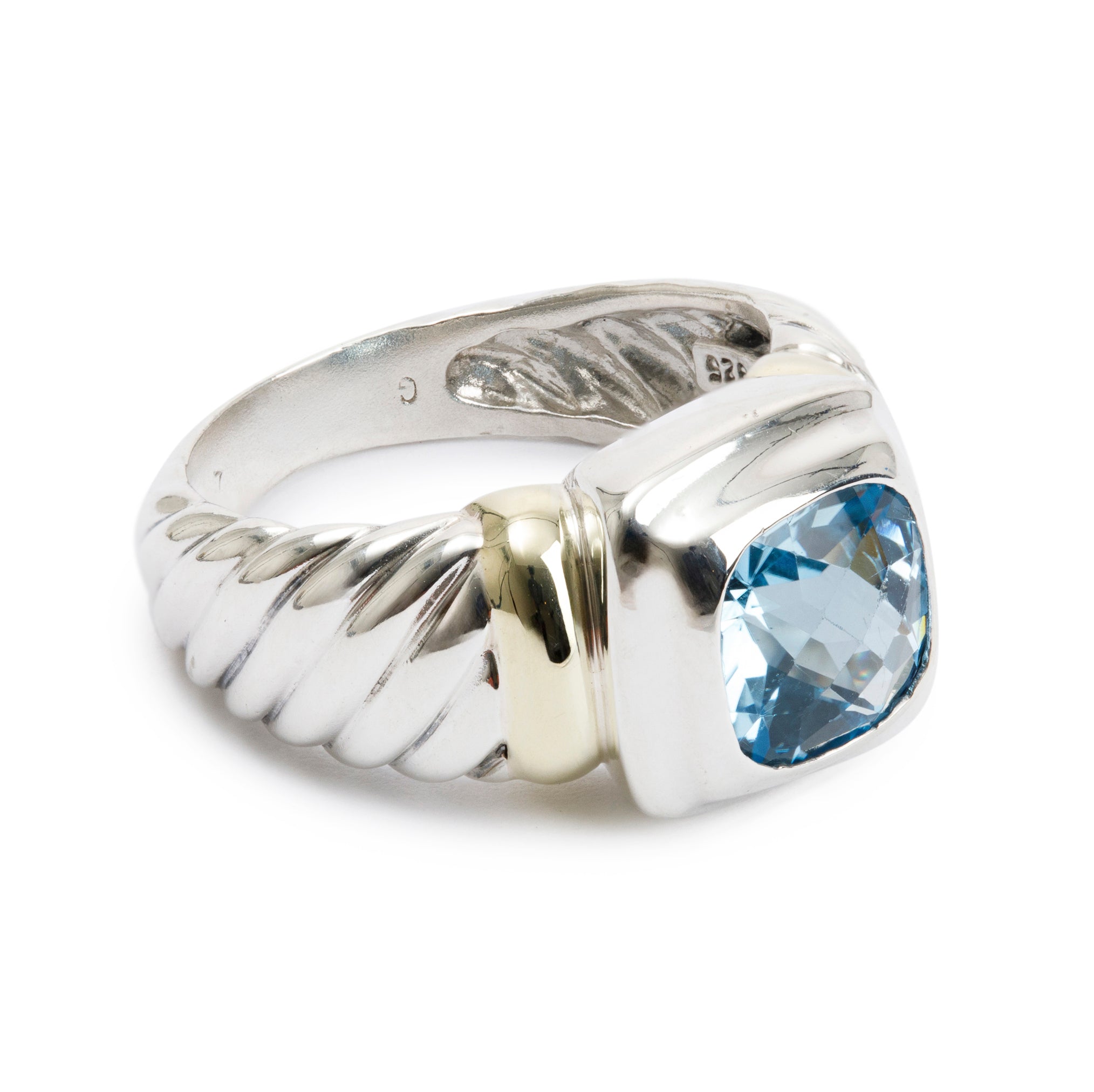 David Yurman Sterling Silver & 14k Yellow Gold Blue Topaz Sculpted Cable Cocktail Ring, Size 6