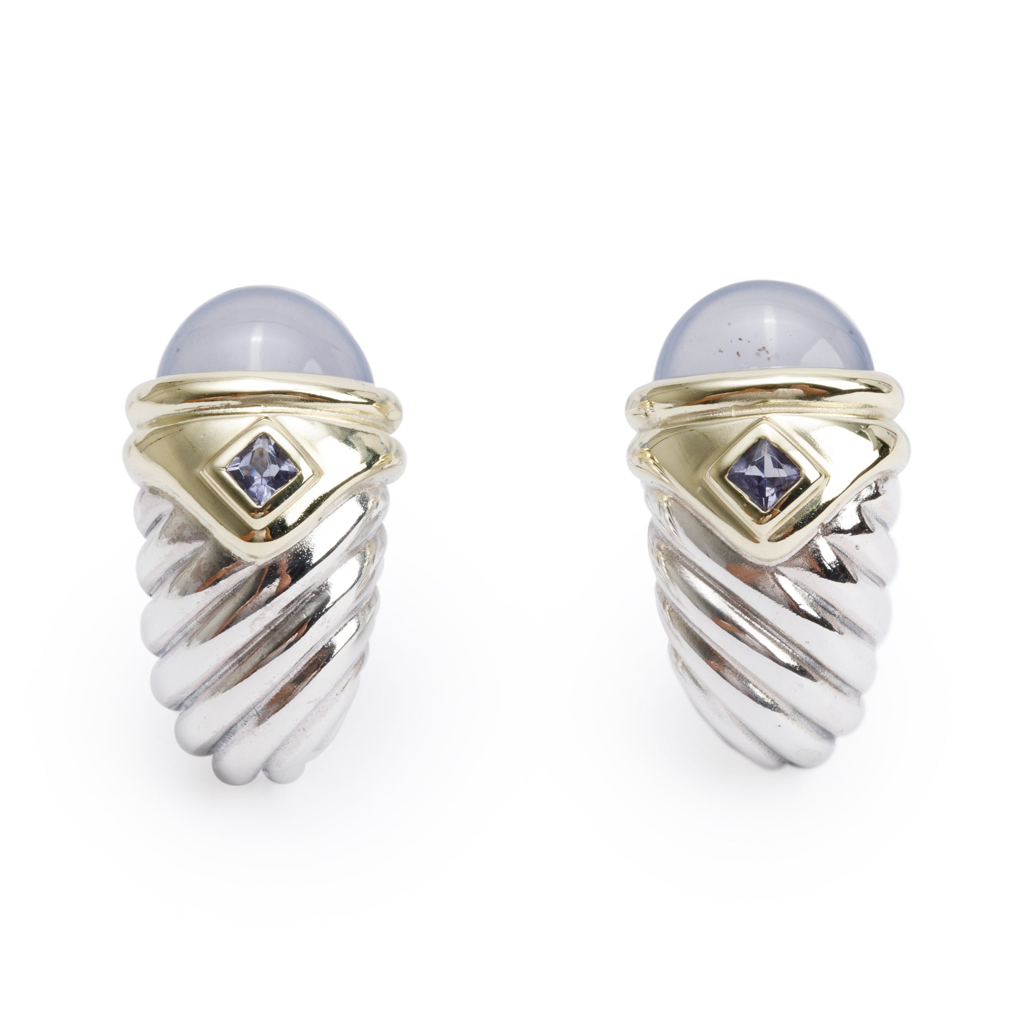 David Yurman Sterling Silver & 14k Yellow Gold Chalcedony & Iolite Cable Shrimp Earrings