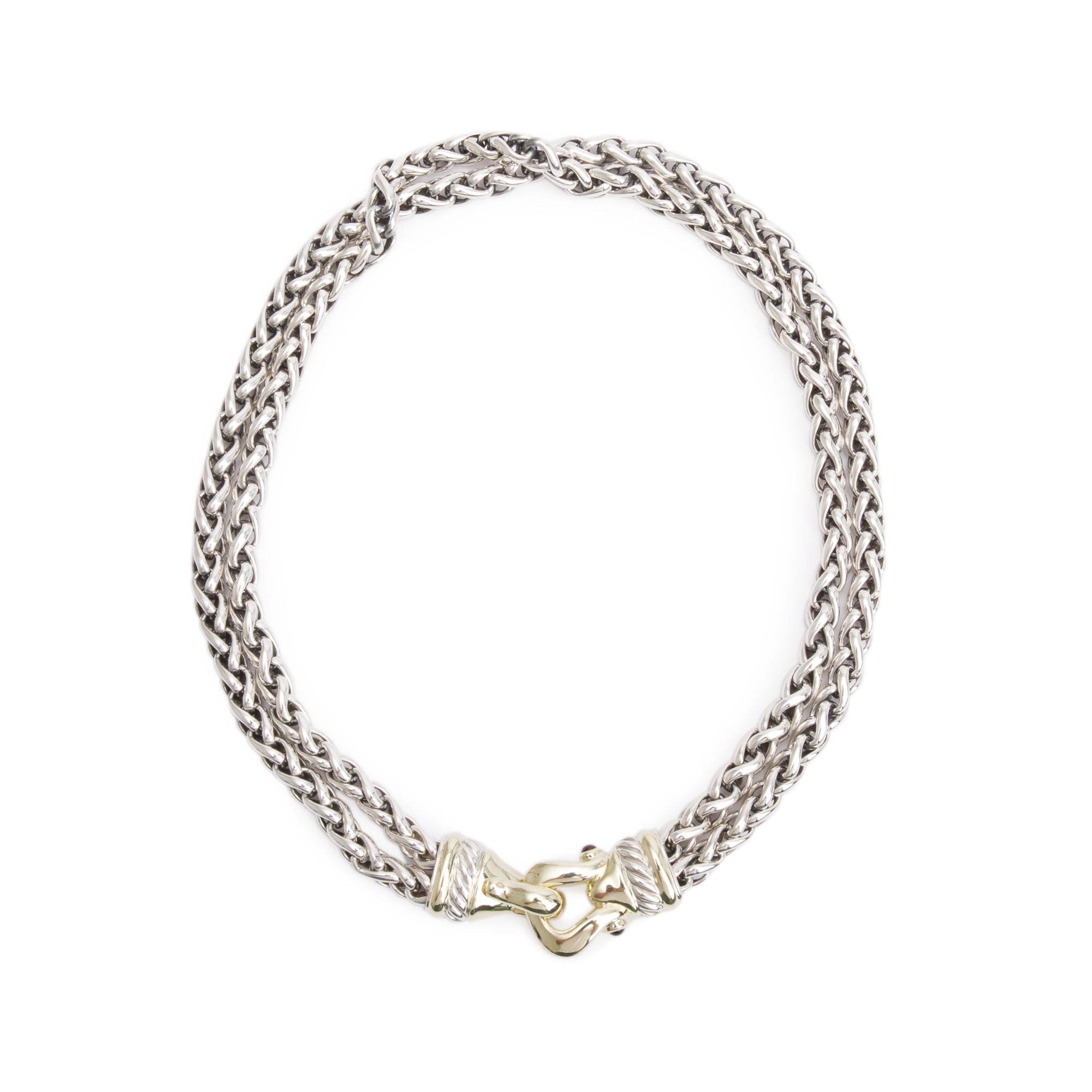 David Yurman Sterling Silver & 14k Yellow Gold Garnet Double Strand Wheat Chain Necklace