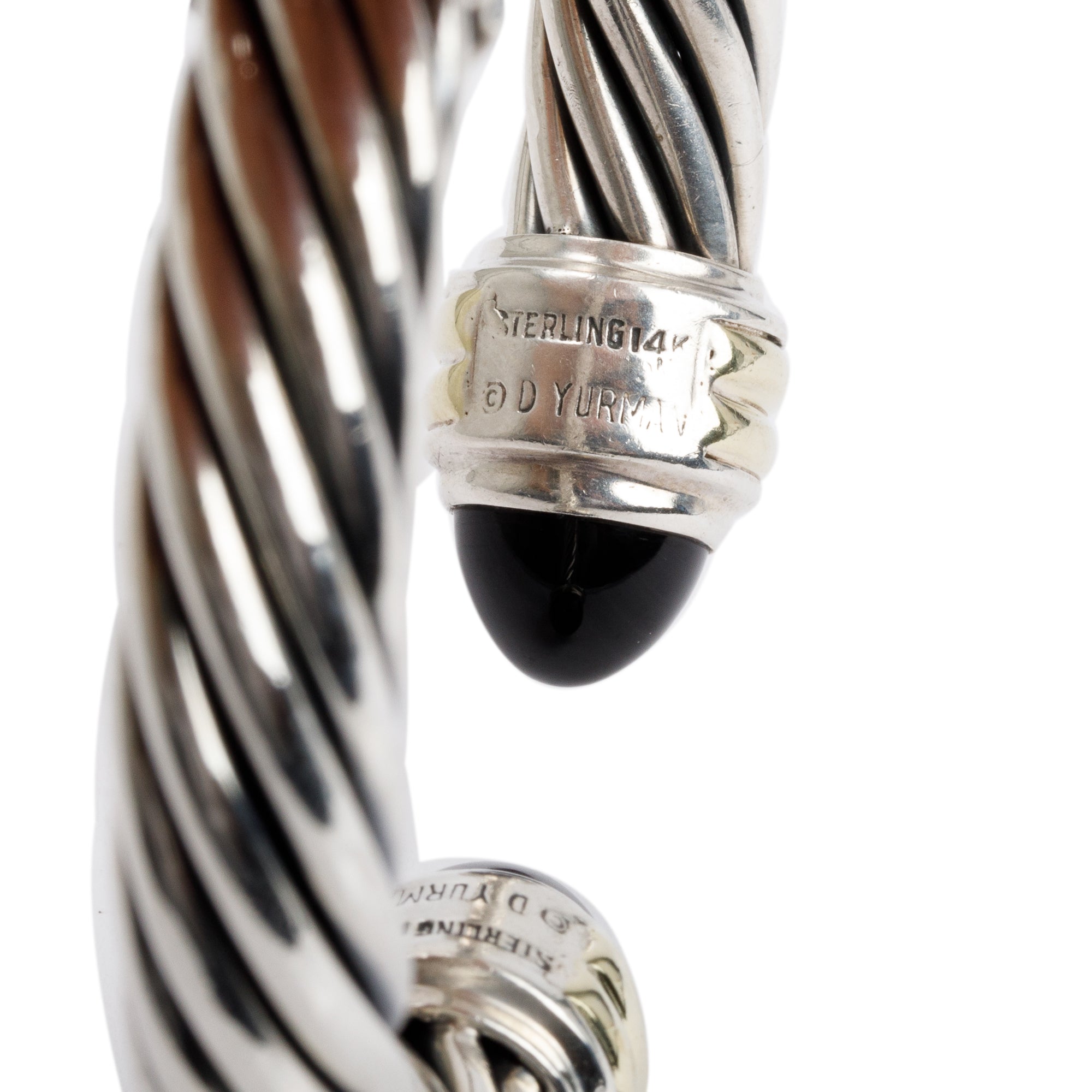 David Yurman Sterling Silver & 14k Yellow Gold Onyx Hinged Cable Cuff Bracelet