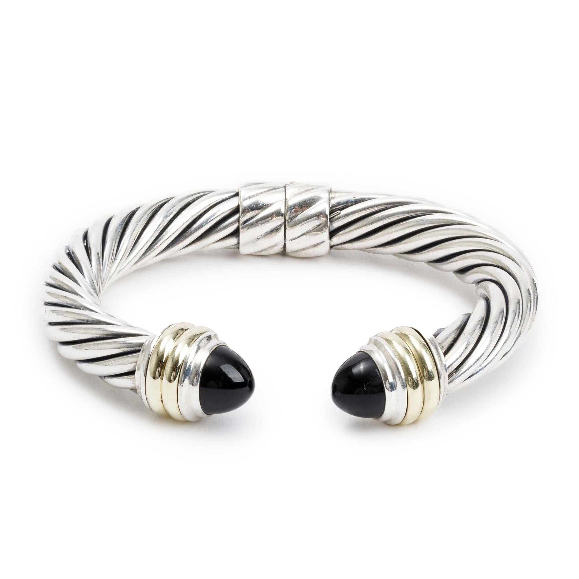 David Yurman Sterling Silver & 14k Yellow Gold Onyx Hinged Cable Cuff Bracelet