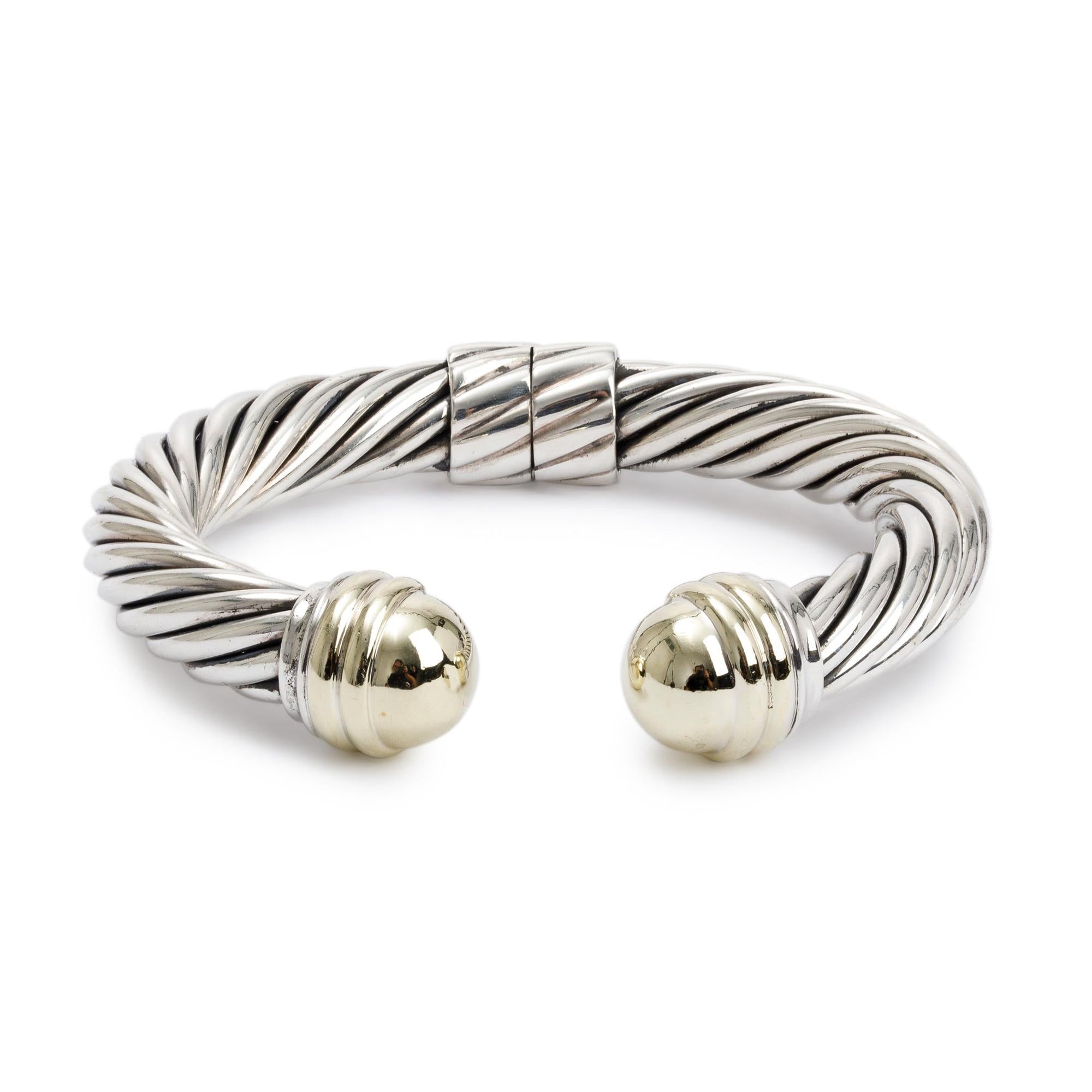 David Yurman Sterling Silver & 14k Yellow Gold Pearl 10MM Cable Cuff Bracelet