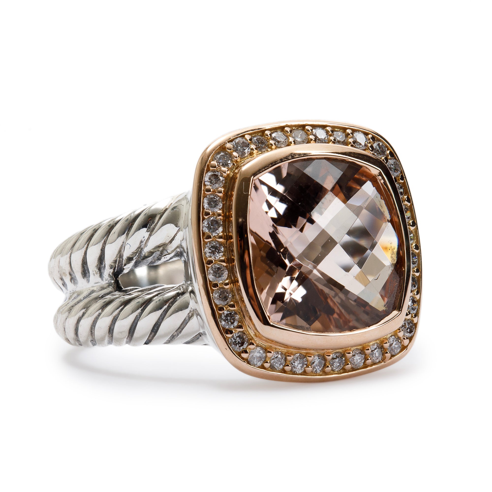David Yurman Sterling Silver & 18k Rose Gold Albion Ring with Morganite and Diamonds