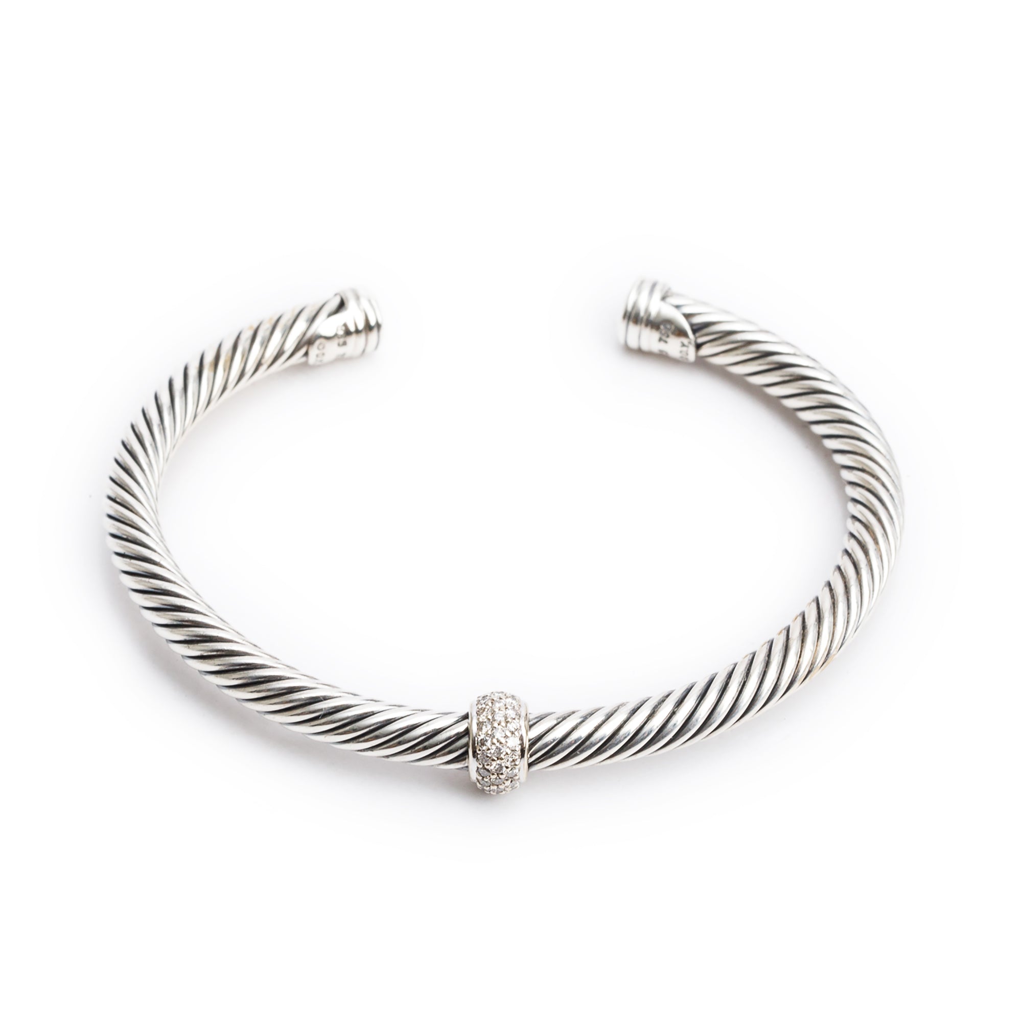 David Yurman Sterling Silver & 18k White Gold Pave Diamond Station 5 MM Cable Cuff Bracelet