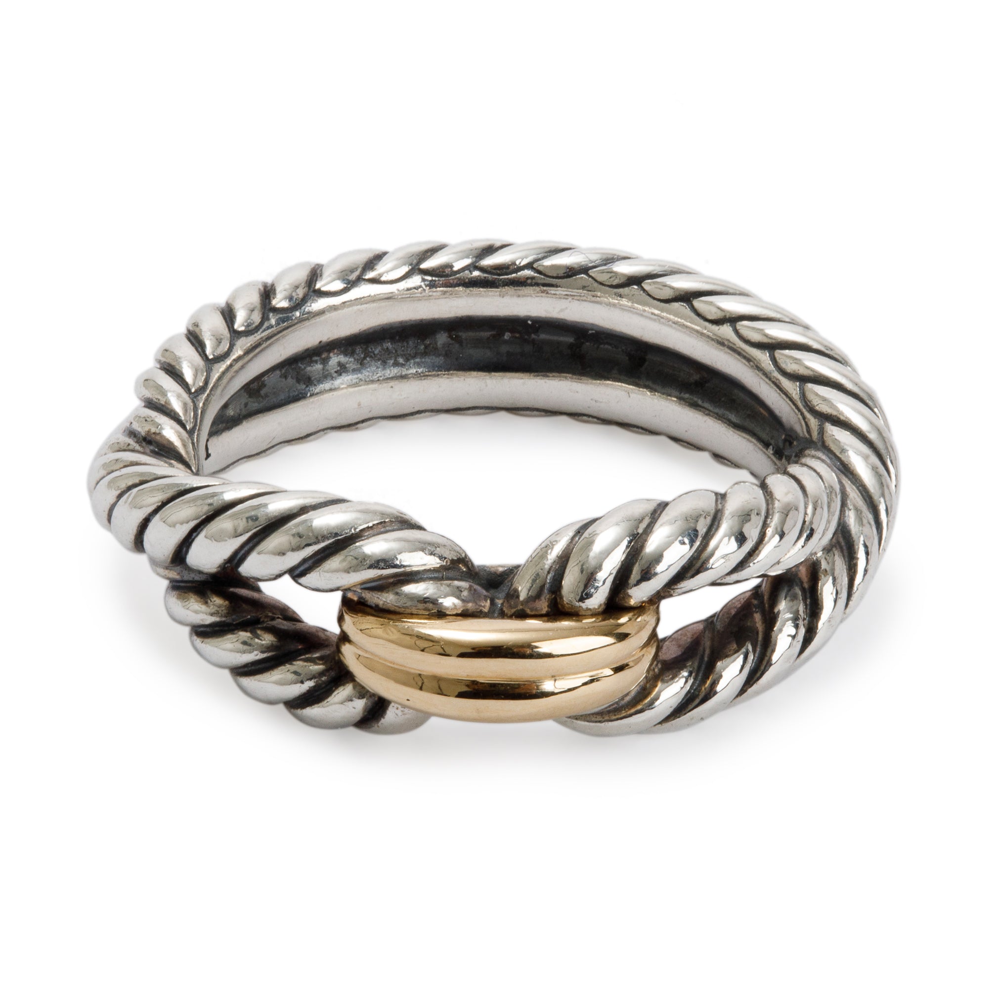 David Yurman Sterling Silver & 18k Yellow Cable Loop Band Ring, Size 5.5