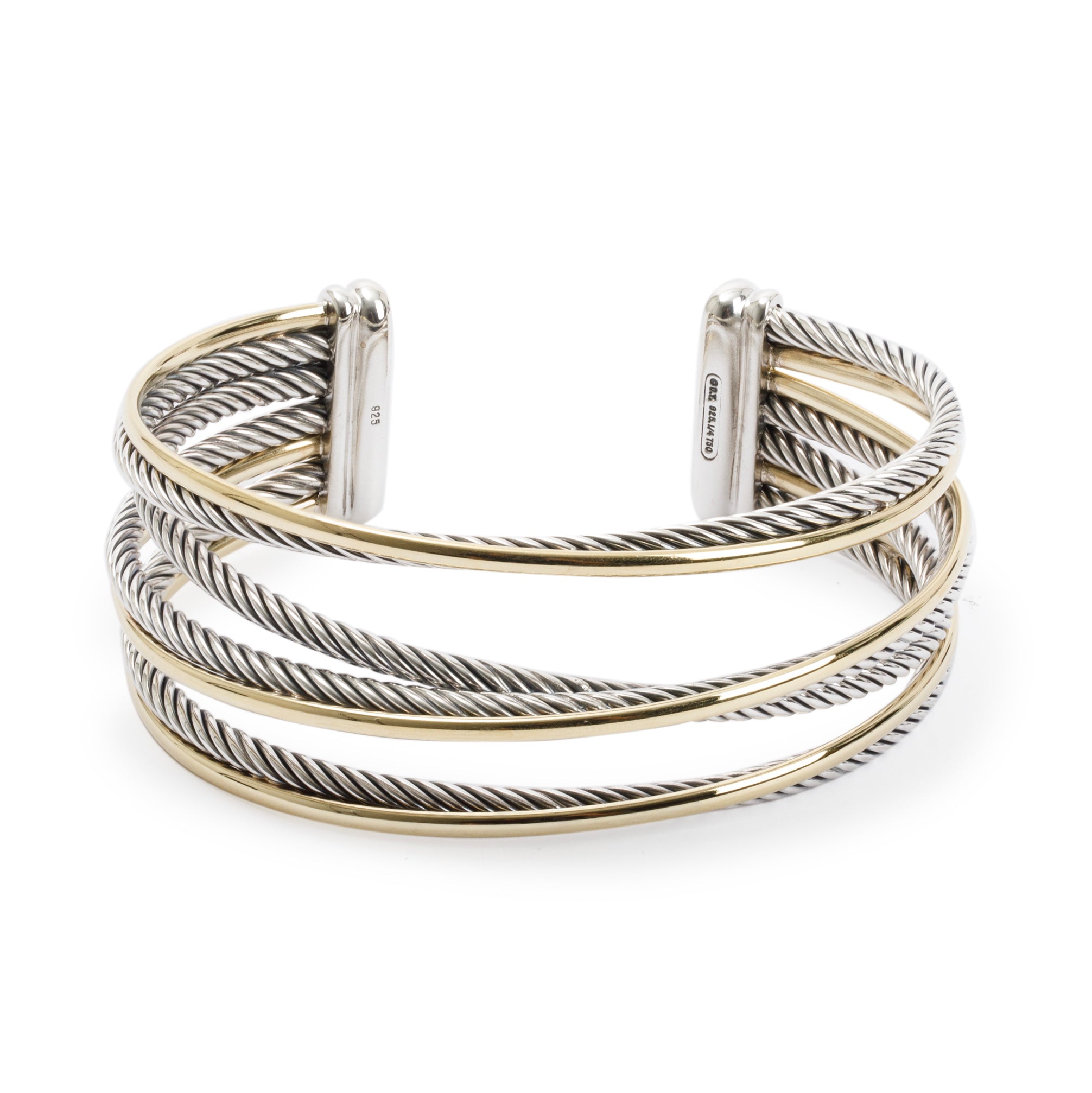 David Yurman Sterling Silver & 18k Yellow Gold 27.5 MM Crossover Cuff Bracelet w/ Box