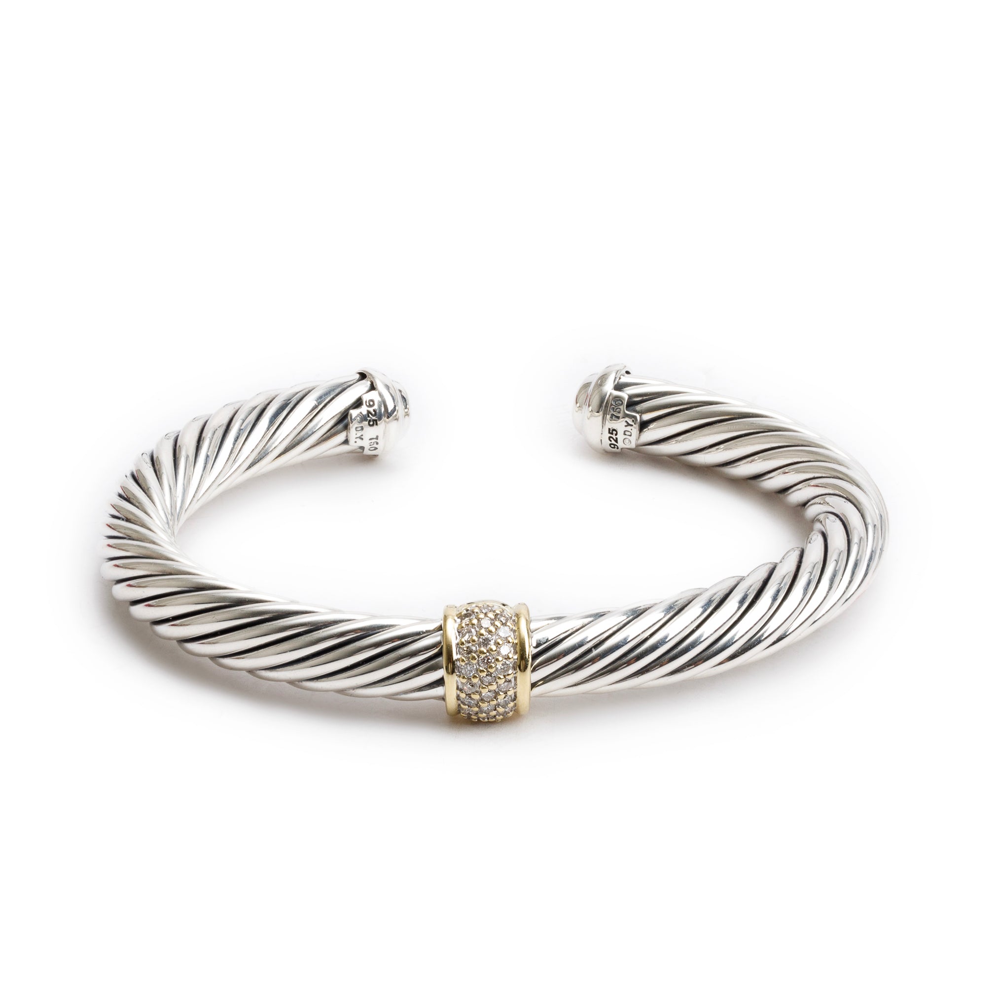 David Yurman Sterling Silver & 18k Yellow Gold 7MM Classic Cable Diamond Station Cuff Bracelet w/ Box