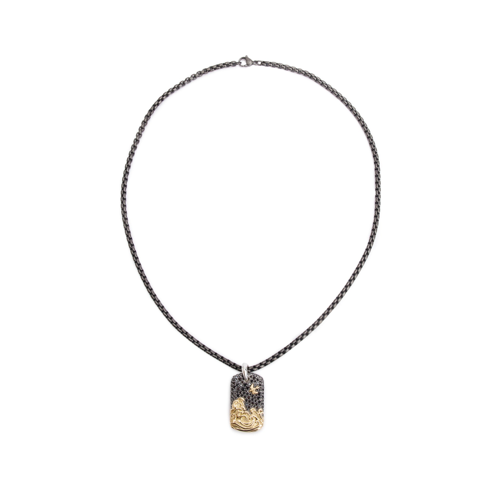 David Yurman Sterling Silver & 18k Yellow Gold Black Diamond 35 MM Tag Pendant on Darkened Stainless Steel Box Chain
