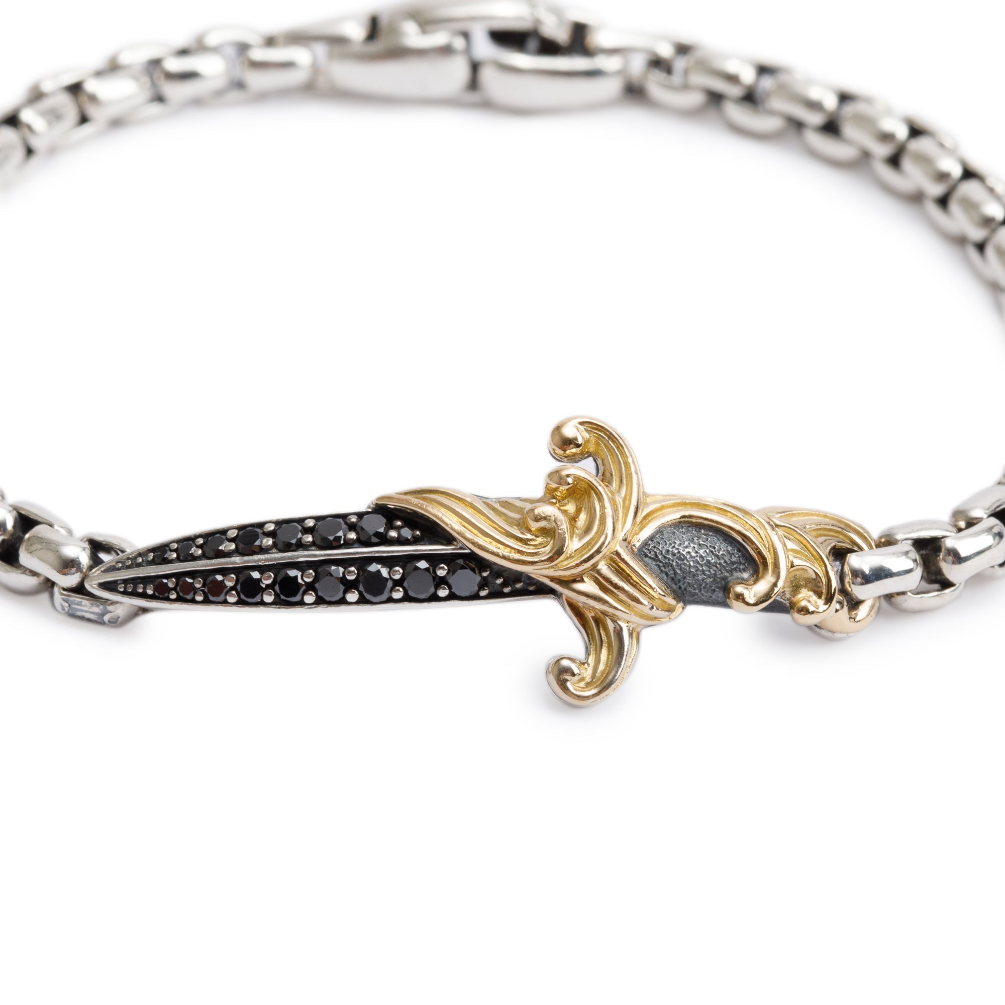 David Yurman Sterling Silver & 18k Yellow Gold Black Diamond Waves Dagger 5 MM Bracelet