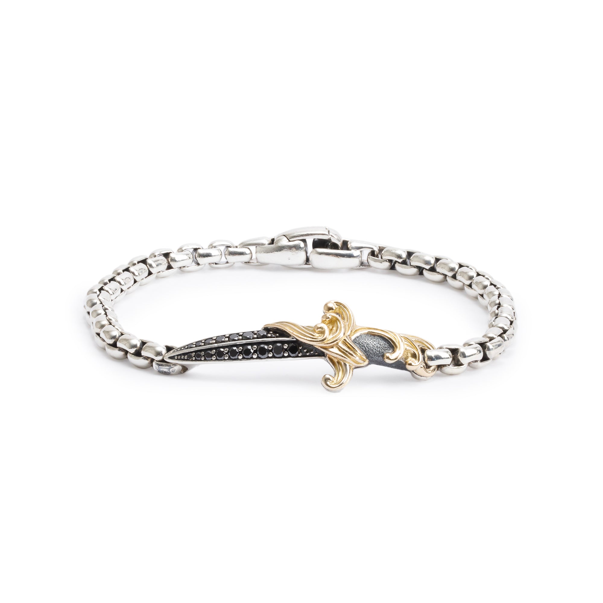 David Yurman Sterling Silver & 18k Yellow Gold Black Diamond Waves Dagger 5 MM Bracelet