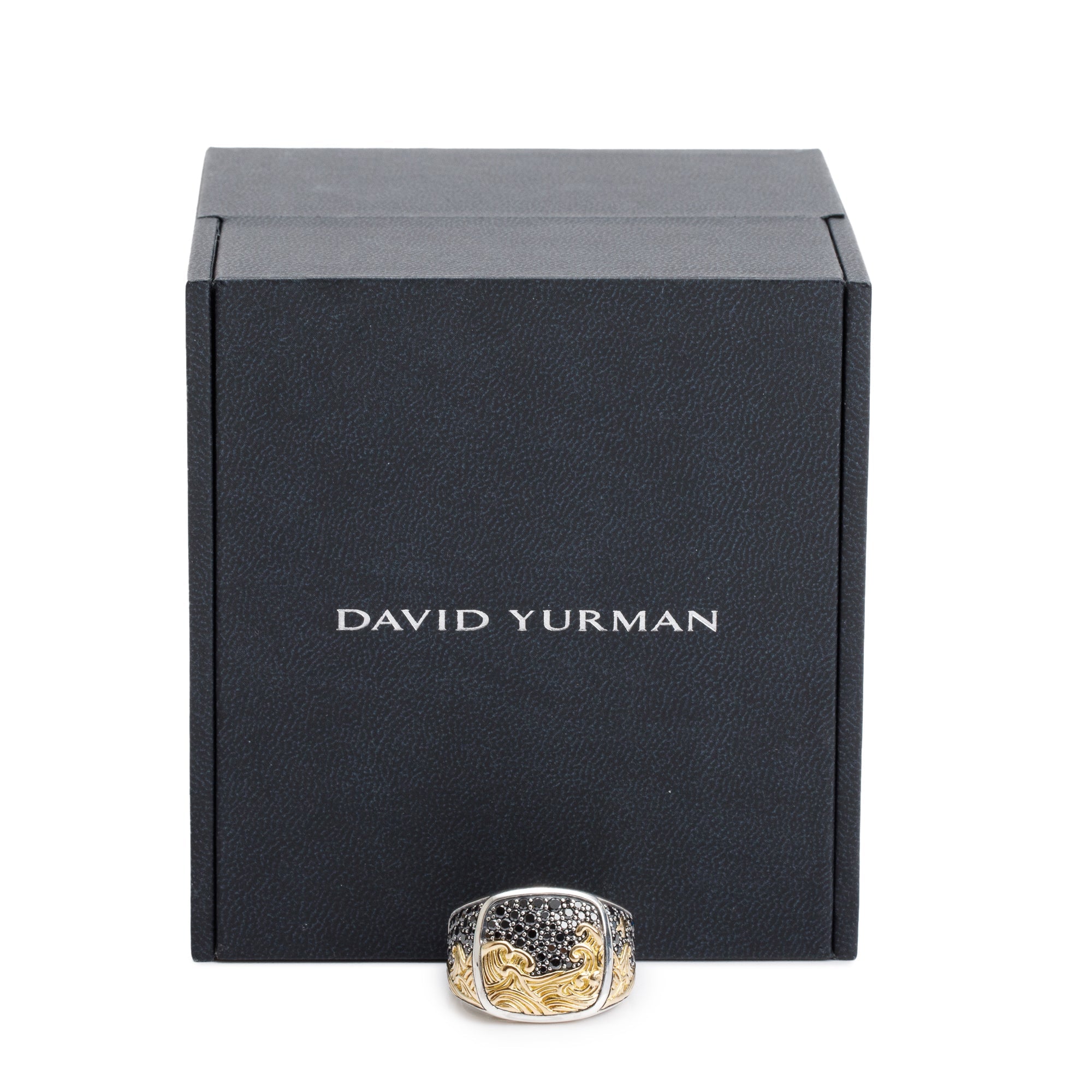 David Yurman Sterling Silver & 18k Yellow Gold Black Diamond Waves Signet Ring, Size 12.5 w/ Box
