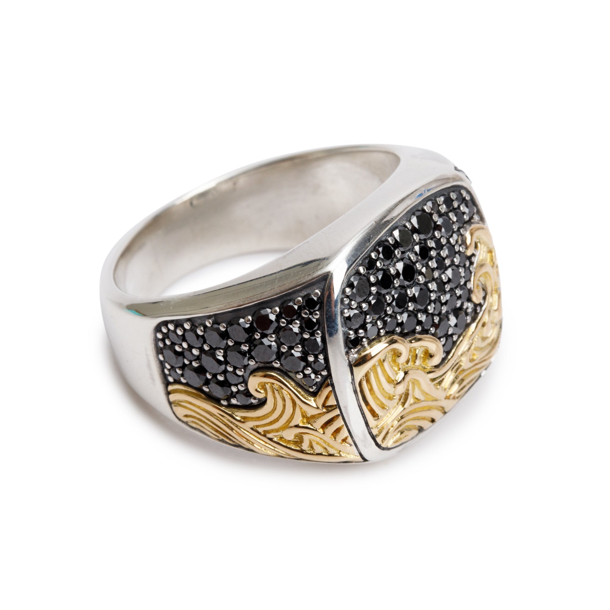 David Yurman Sterling Silver & 18k Yellow Gold Black Diamond Waves Signet Ring, Size 12.5 w/ Box