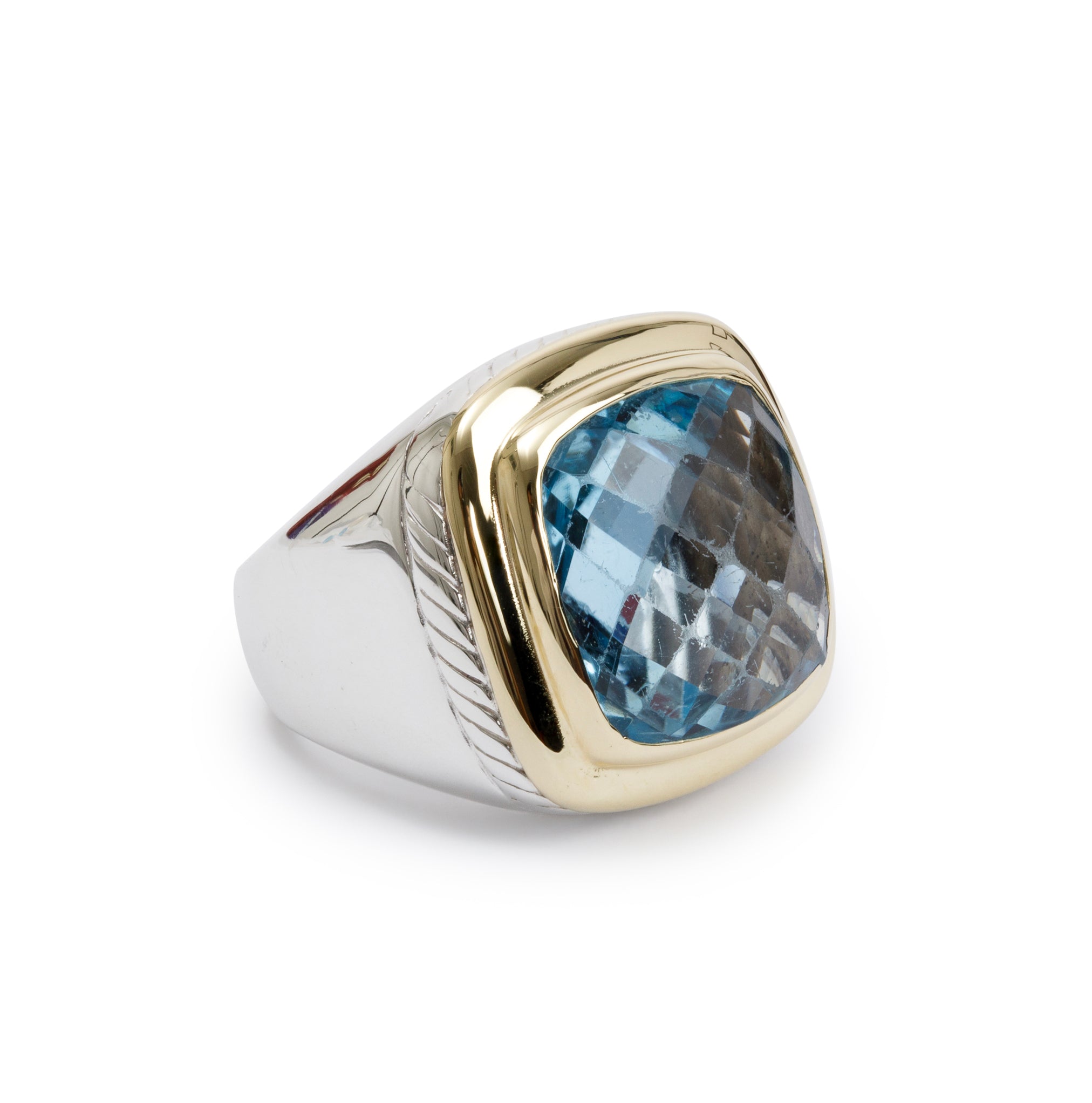 David Yurman Sterling Silver & 18k Yellow Gold Blue Topaz Albion Cocktail Ring, Size 7