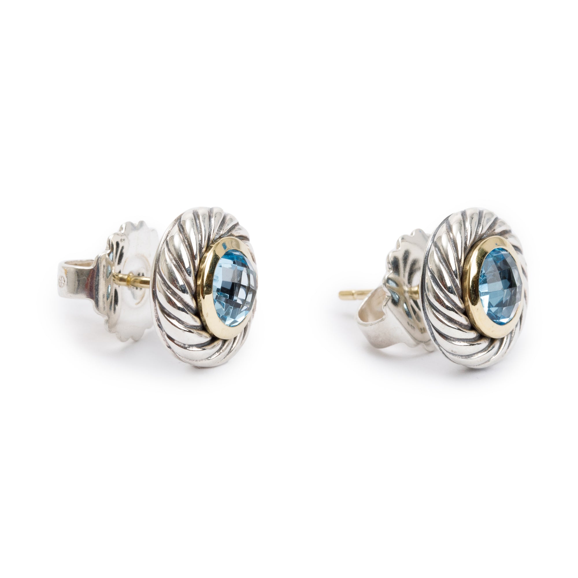 David Yurman Sterling Silver & 18k Yellow Gold Blue Topaz Color Classic Cookie Stud Earrings