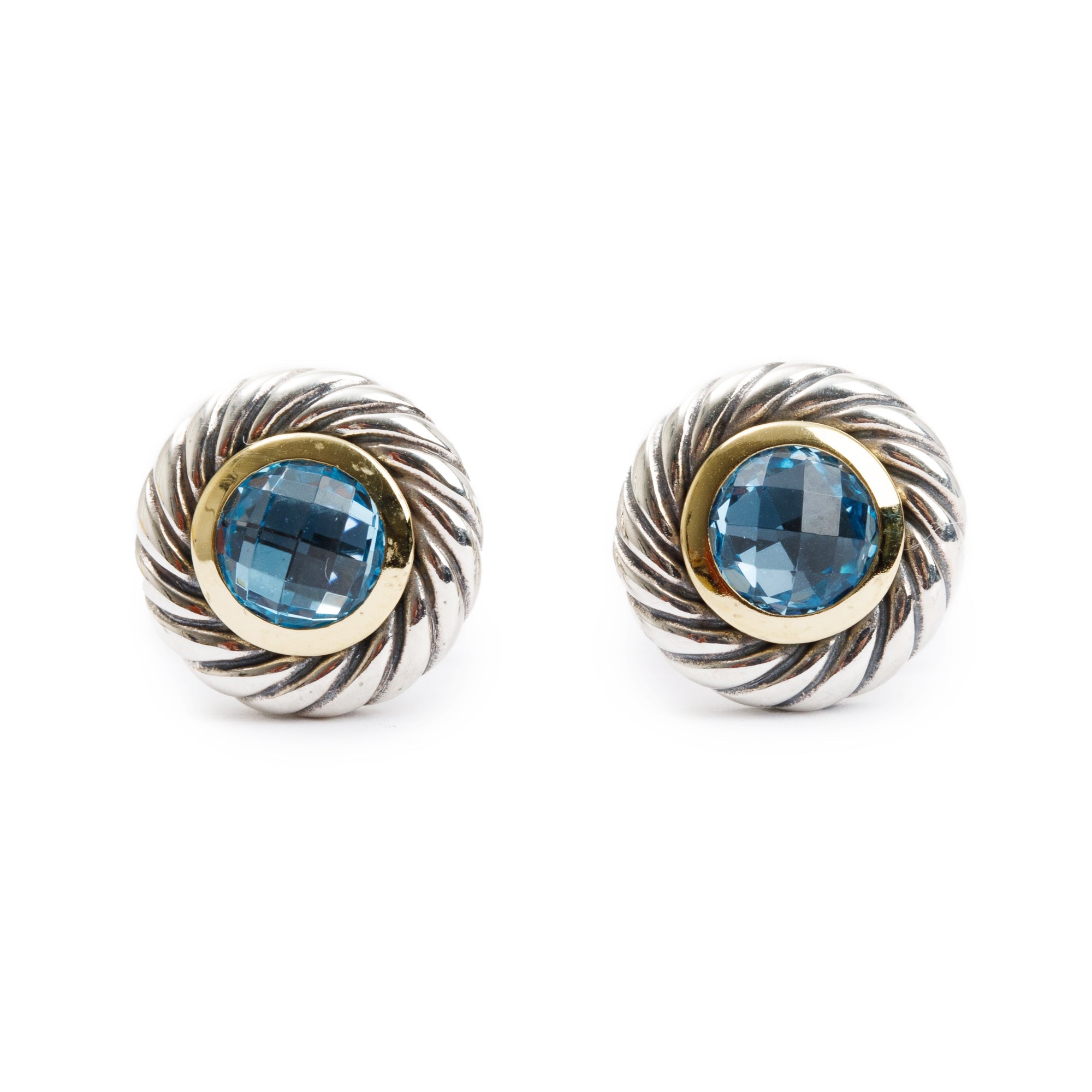 David Yurman Sterling Silver & 18k Yellow Gold Blue Topaz Color Classic Cookie Stud Earrings