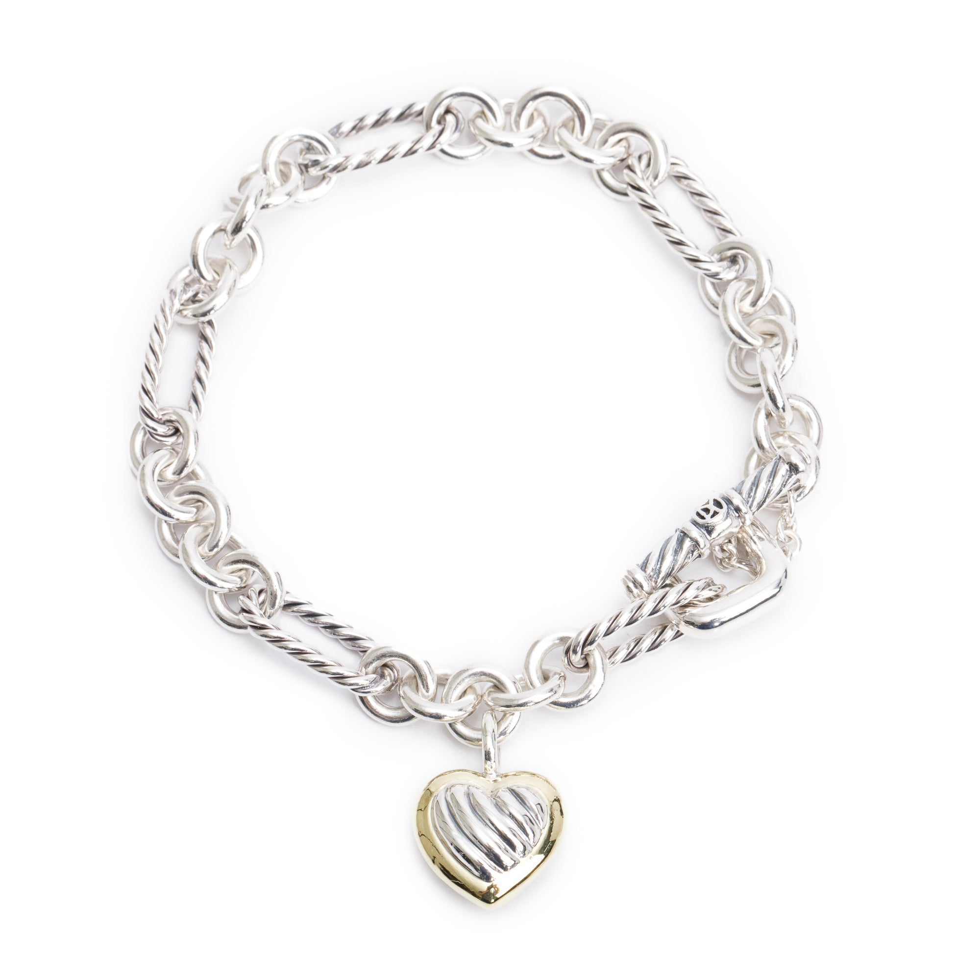 David Yurman Sterling Silver & 18k Yellow Gold Figaro Link Cable Heart Charm Bracelet