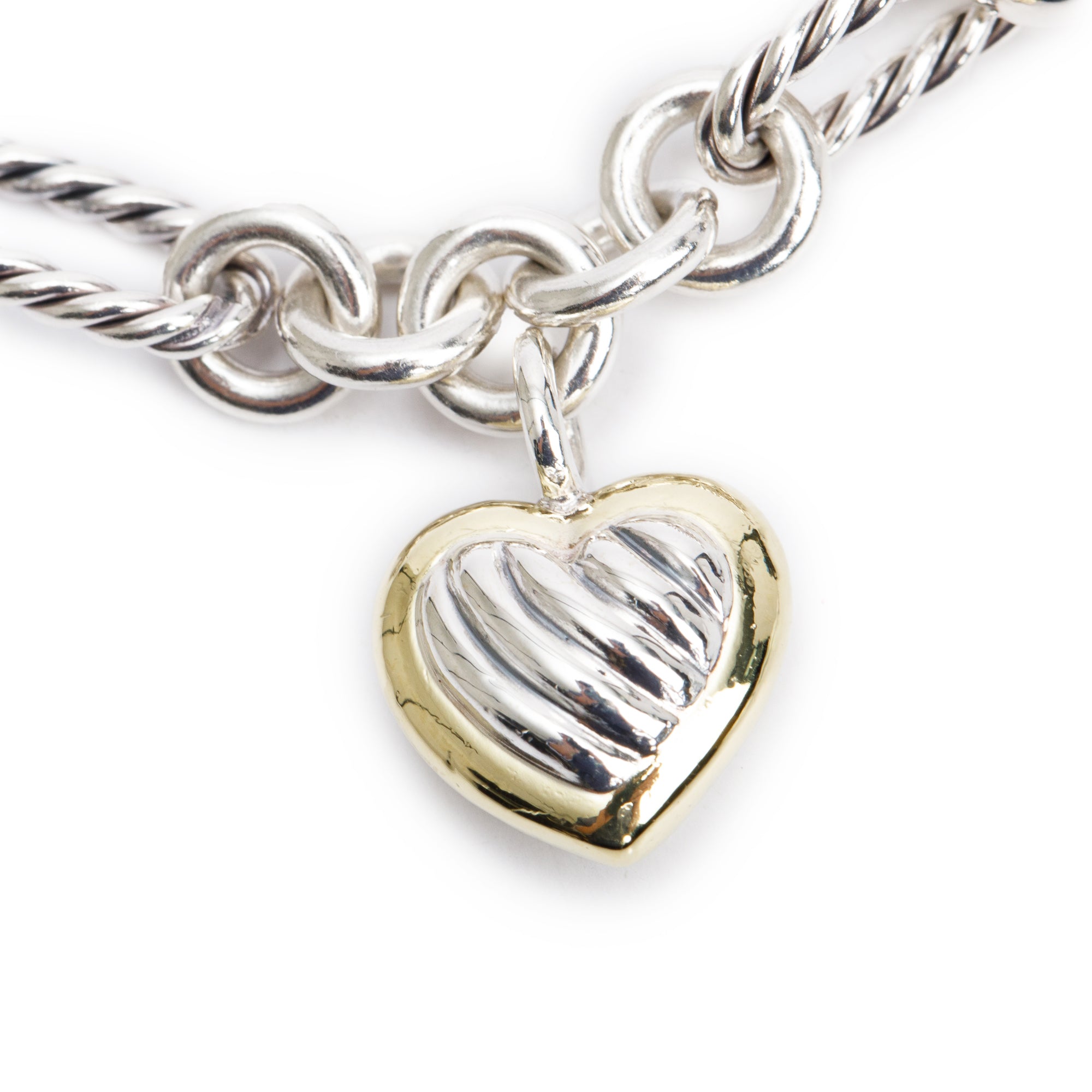 David Yurman Sterling Silver & 18k Yellow Gold Figaro Link Cable Heart Charm Bracelet