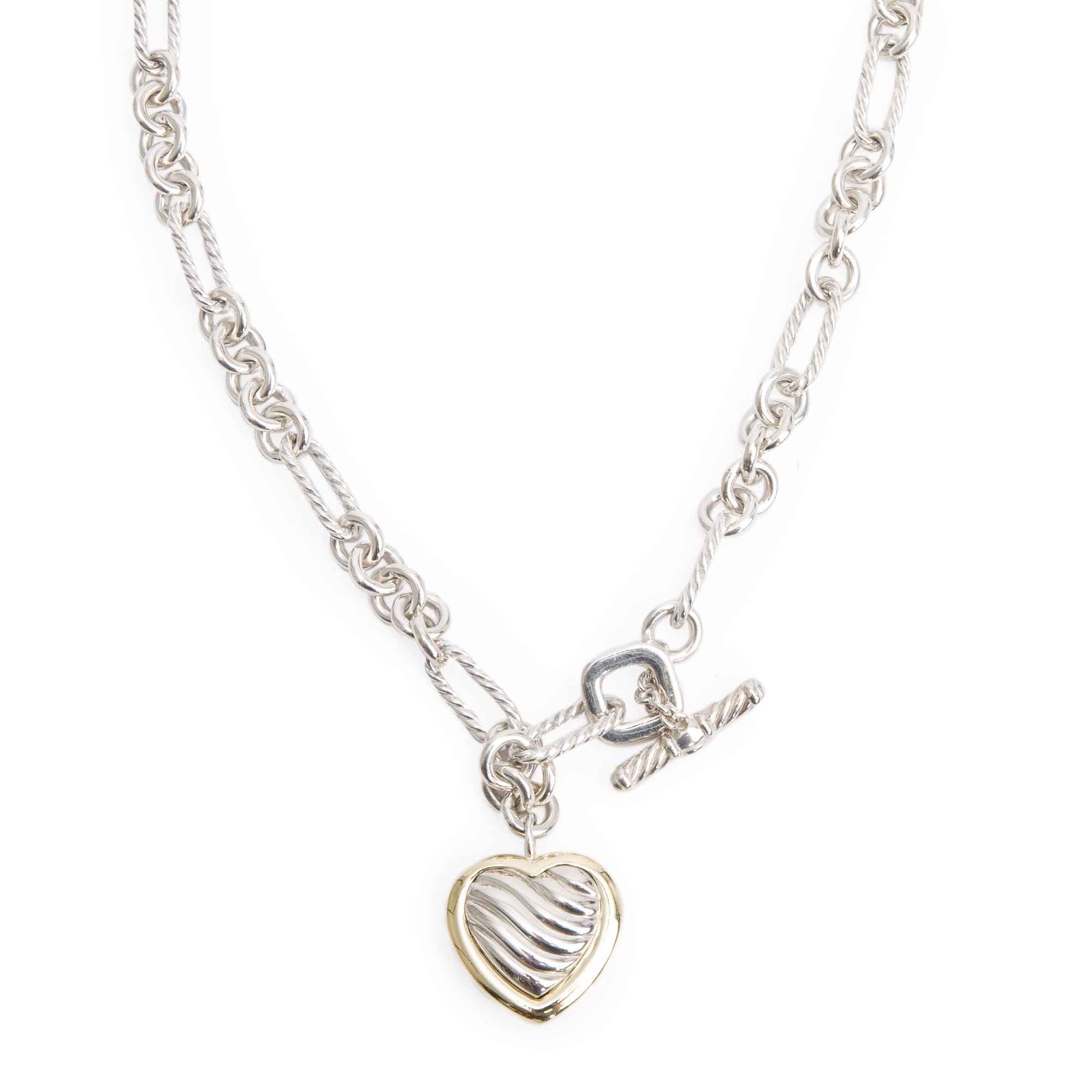 David Yurman Sterling Silver & 18k Yellow Gold Figaro Link Cable Heart Necklace