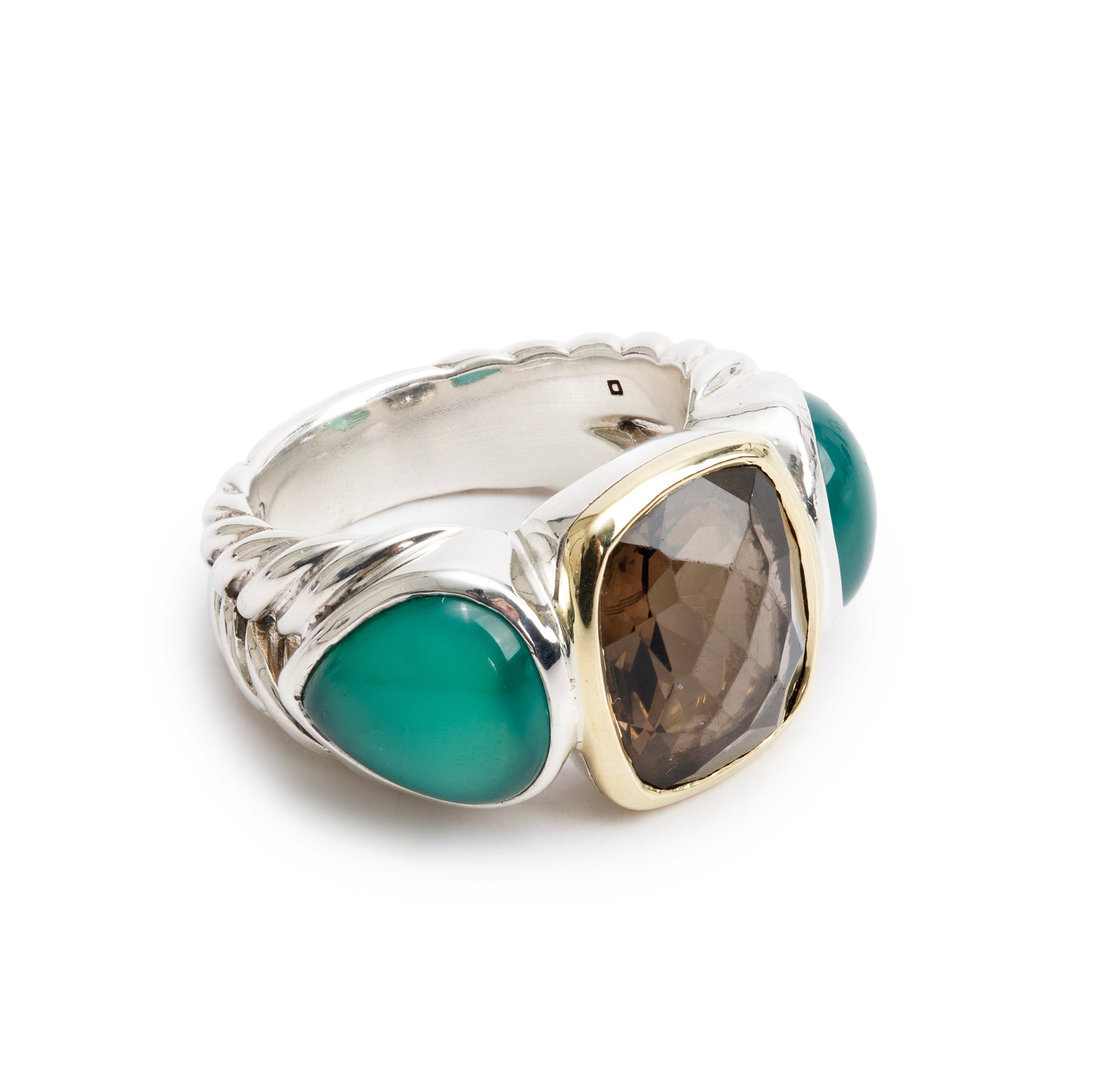 David Yurman Sterling Silver & 18k Yellow Gold Green Onyx & Smoky Quartz Three Stone Ring, Size 6