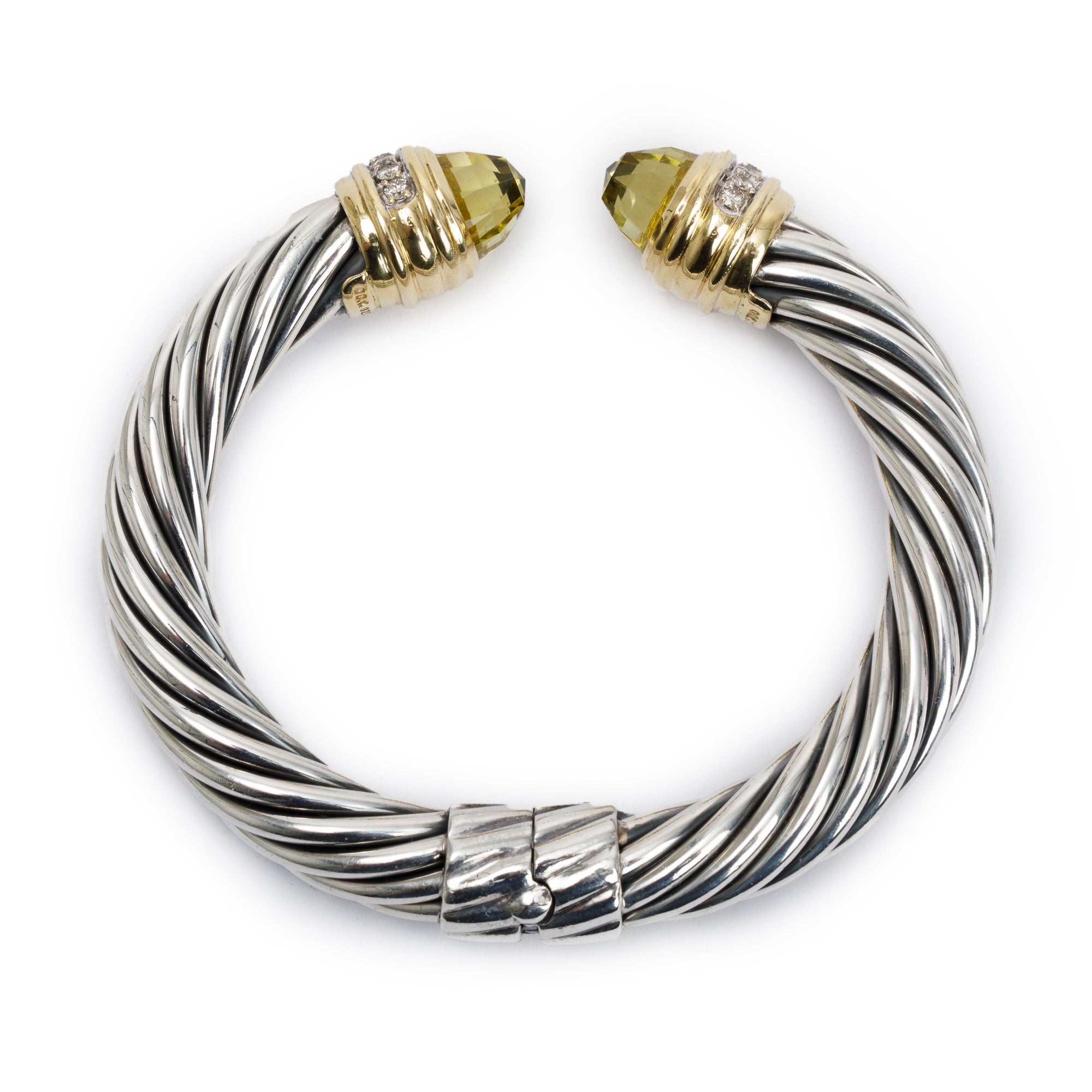 David Yurman Sterling Silver & 18k Yellow Gold Lemon Quartz & Diamond 10 MM Cable Hinged Bracelet