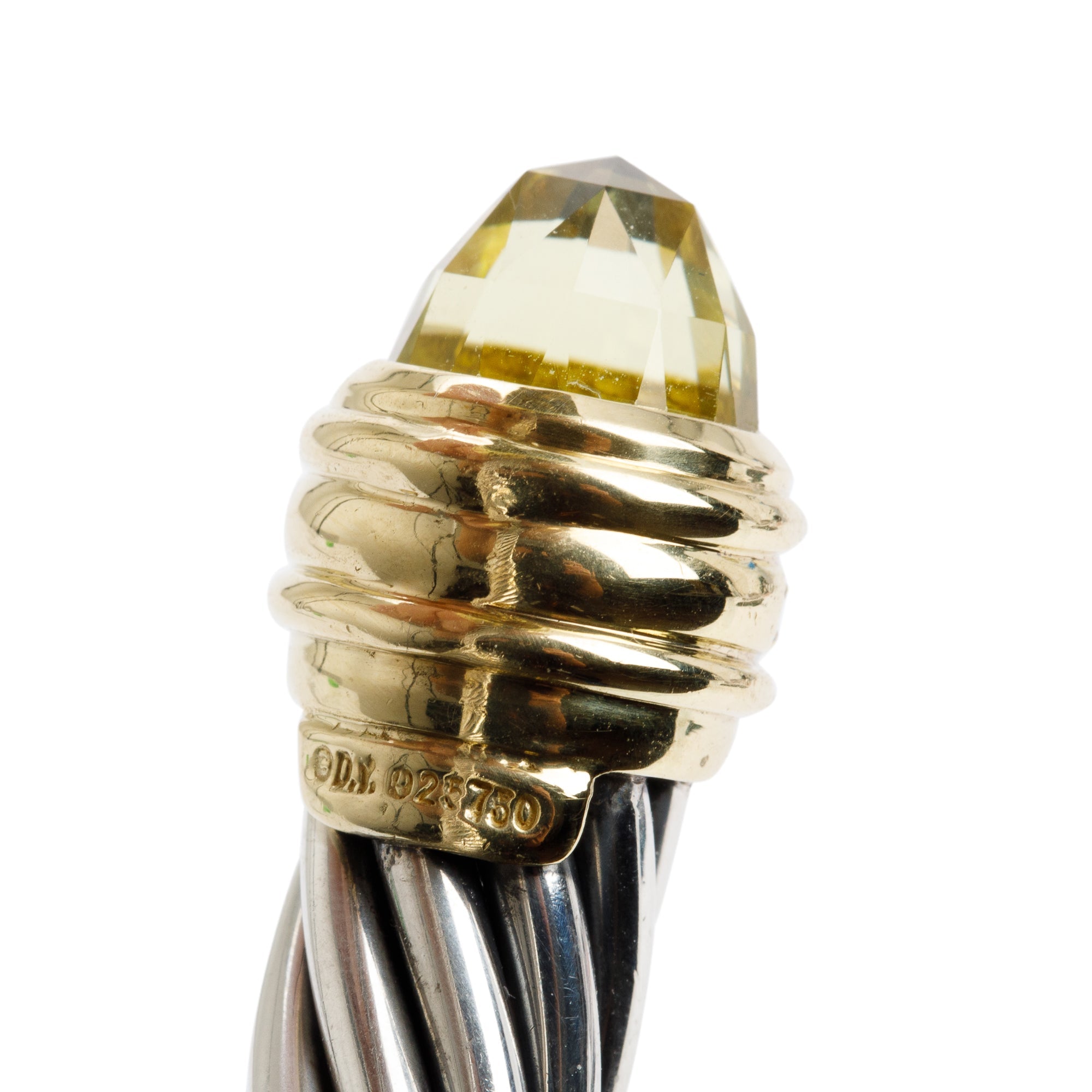 David Yurman Sterling Silver & 18k Yellow Gold Lemon Quartz & Diamond 10 MM Cable Hinged Bracelet