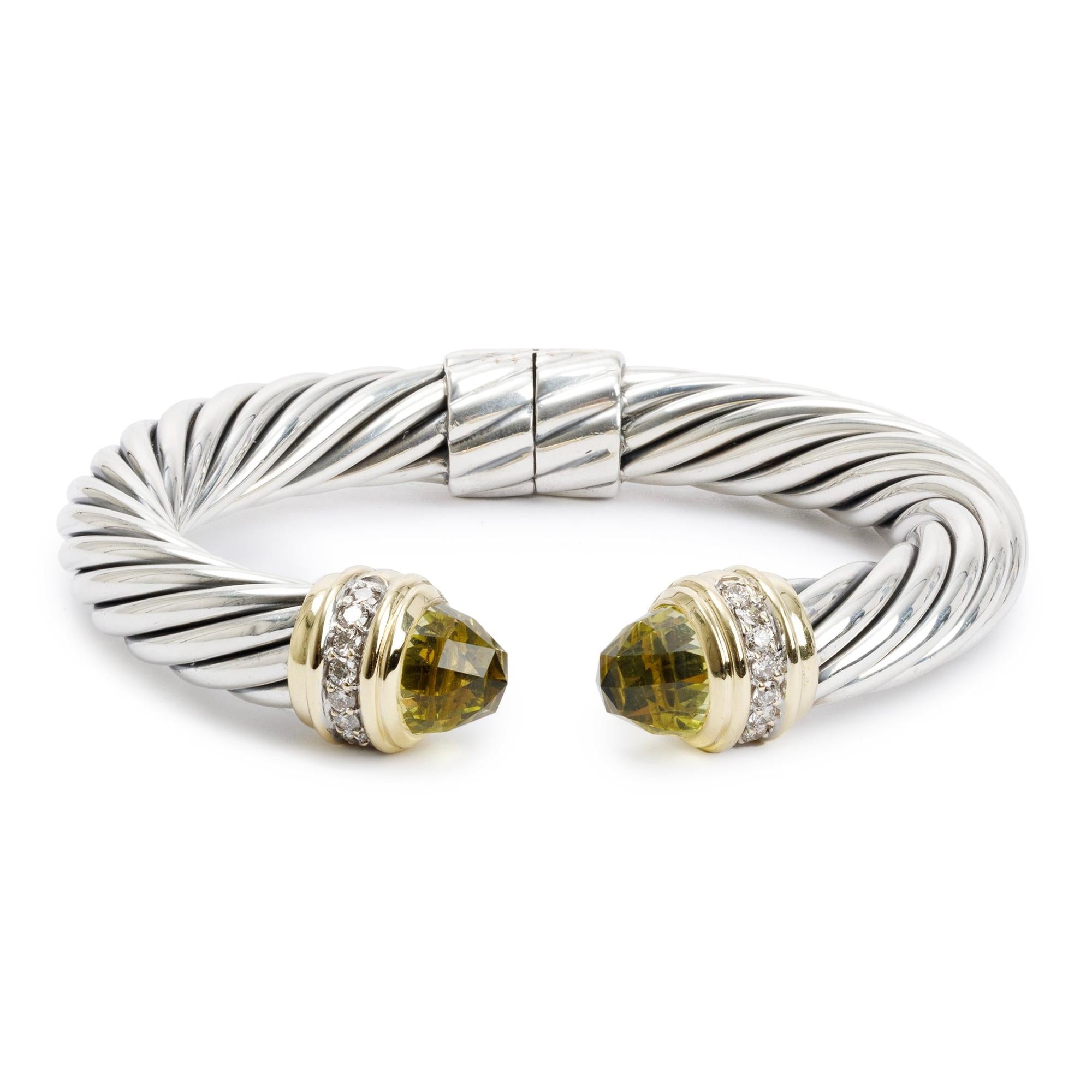 David Yurman Sterling Silver & 18k Yellow Gold Lemon Quartz & Diamond 10 MM Cable Hinged Bracelet