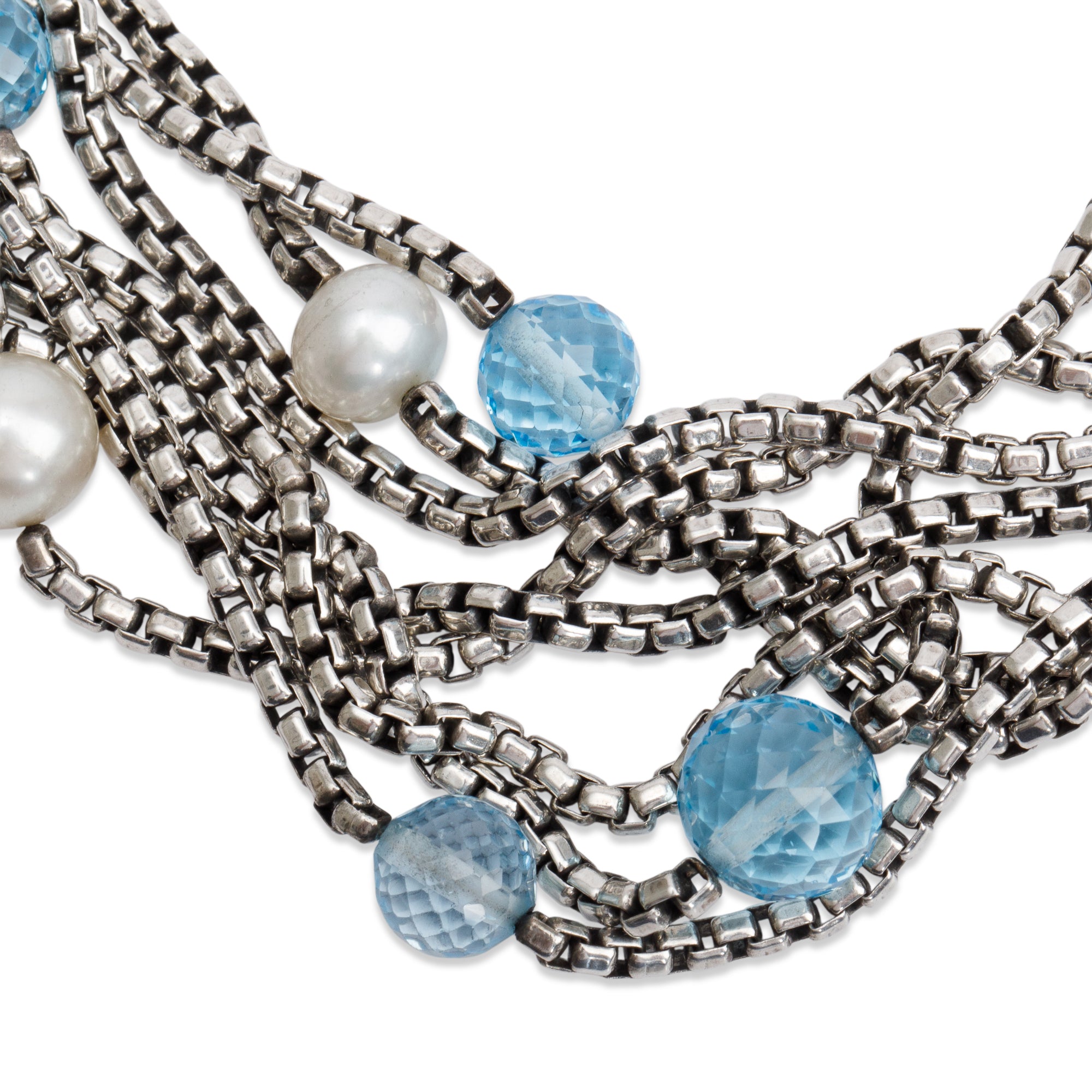 David Yurman Sterling Silver & 18k Yellow Gold Pearl & Blue Topaz Multistrand Necklace