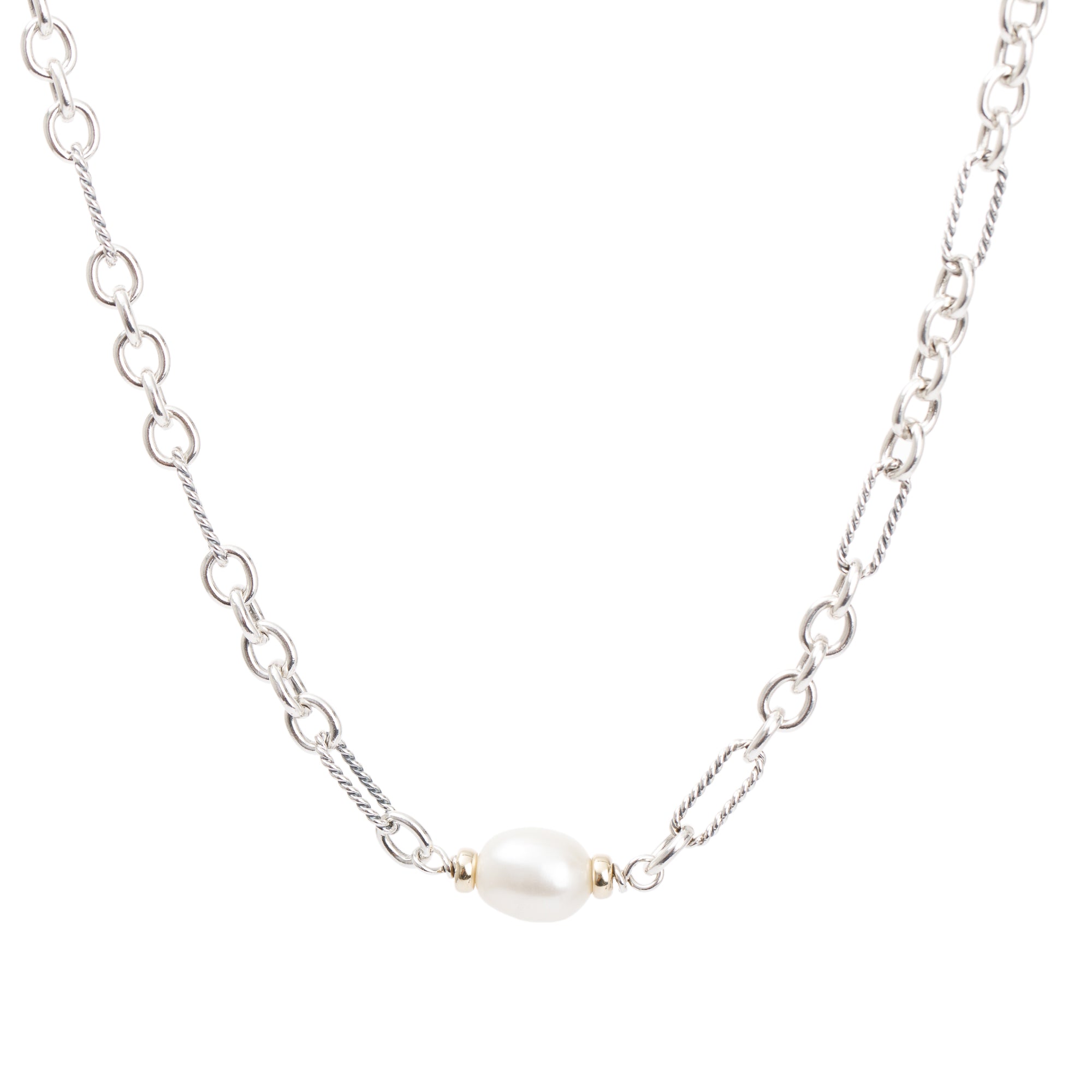 David Yurman Sterling Silver & 18k Yellow Gold Pearl Figaro Cable Chain Station Necklace