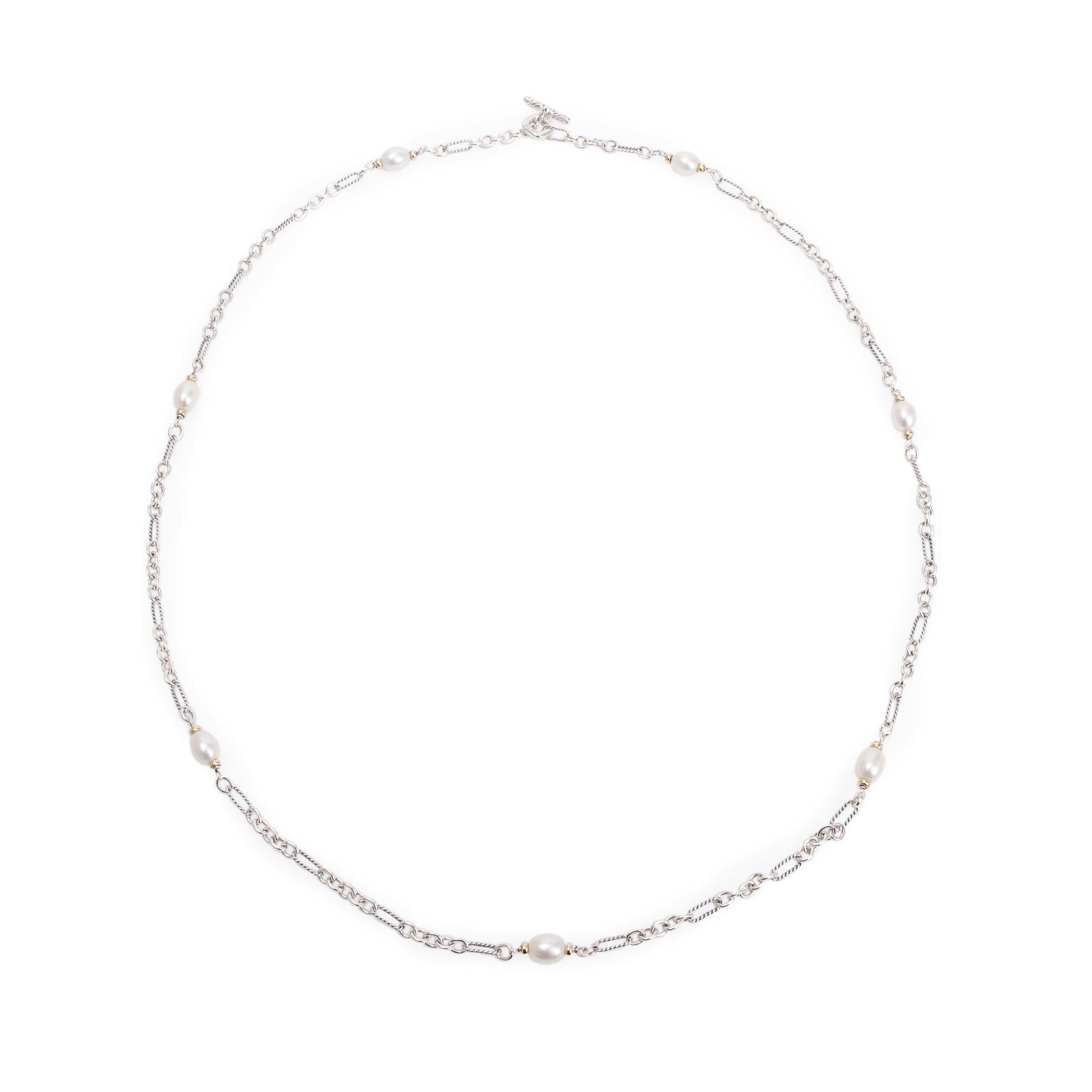 David Yurman Sterling Silver & 18k Yellow Gold Pearl Figaro Cable Chain Station Necklace