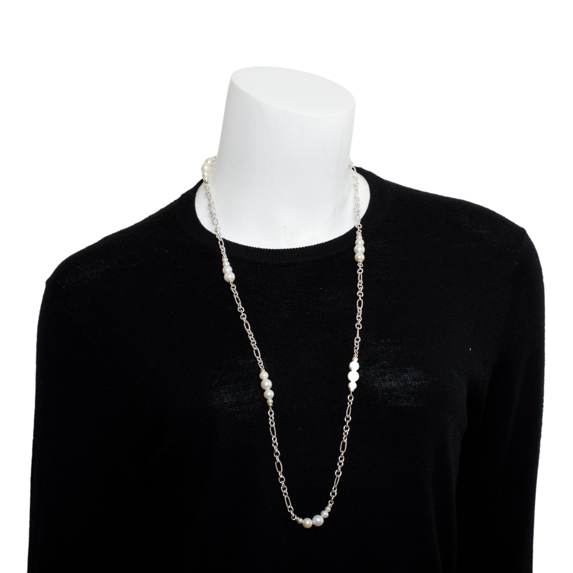 David Yurman Sterling Silver & 18k Yellow Gold Pearl Figaro Chain Station Necklace