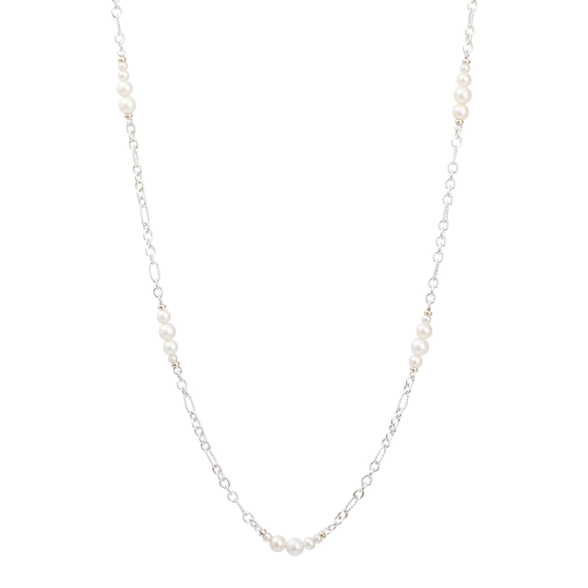 David Yurman Sterling Silver & 18k Yellow Gold Pearl Figaro Chain Station Necklace