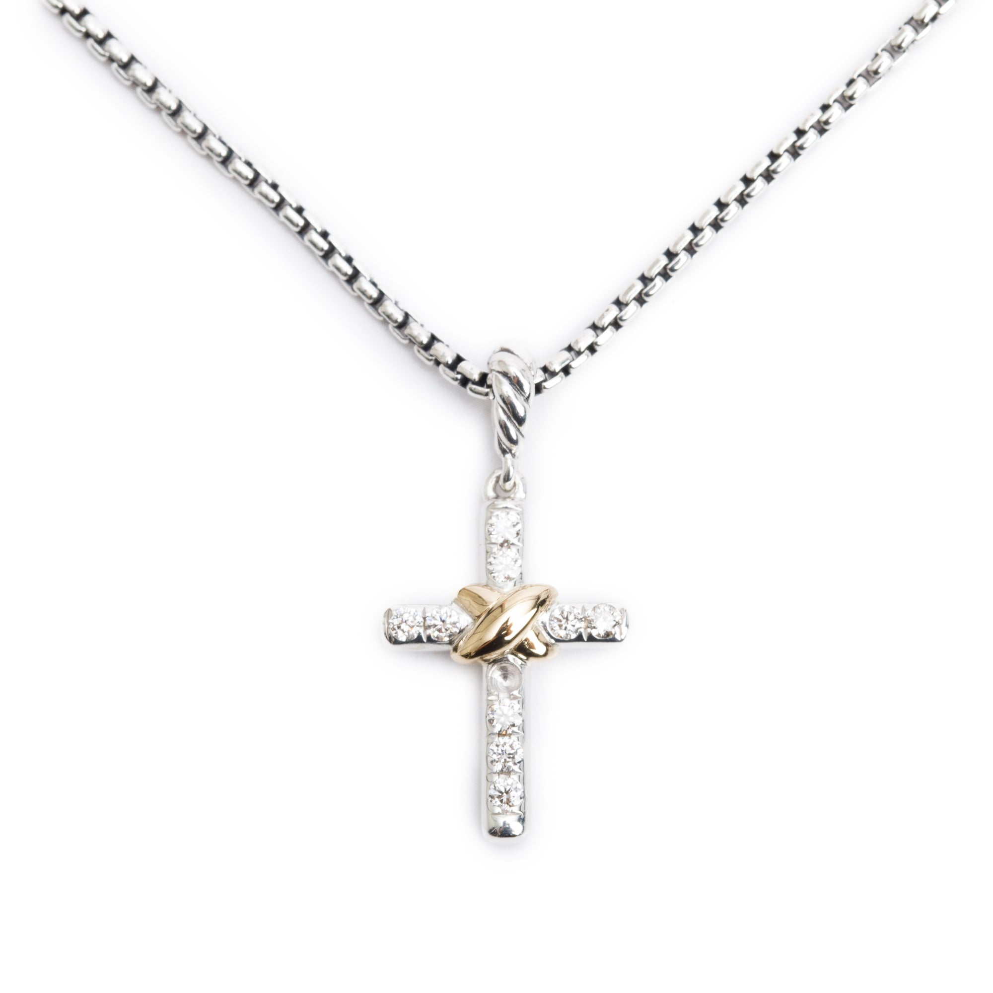 David Yurman Sterling Silver & 18k Yellow Gold Petite Diamond Cross Pendant Necklace