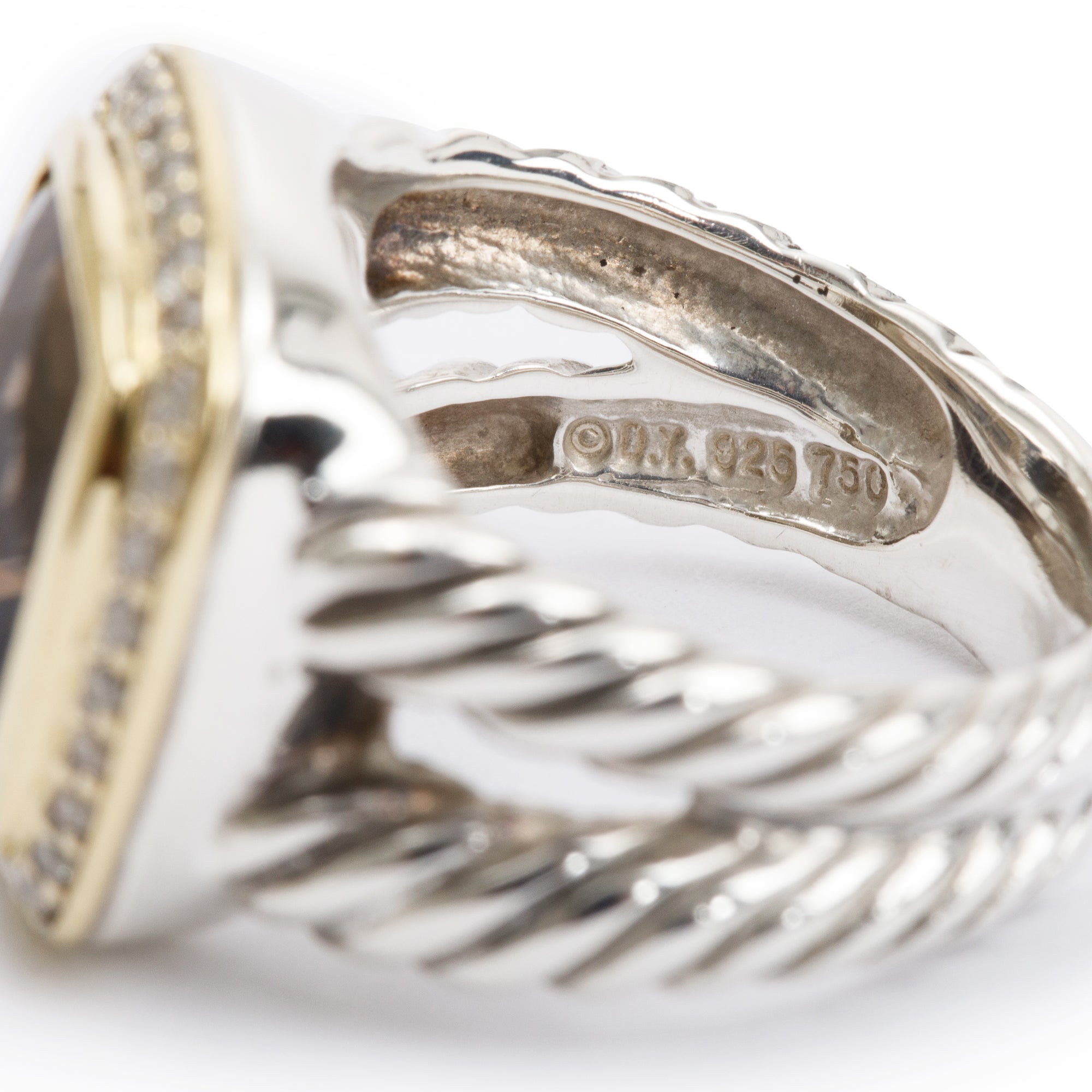 David Yurman Sterling Silver & 18k Yellow Gold Smoky Quartz & Diamond Albion Ring, Size 5