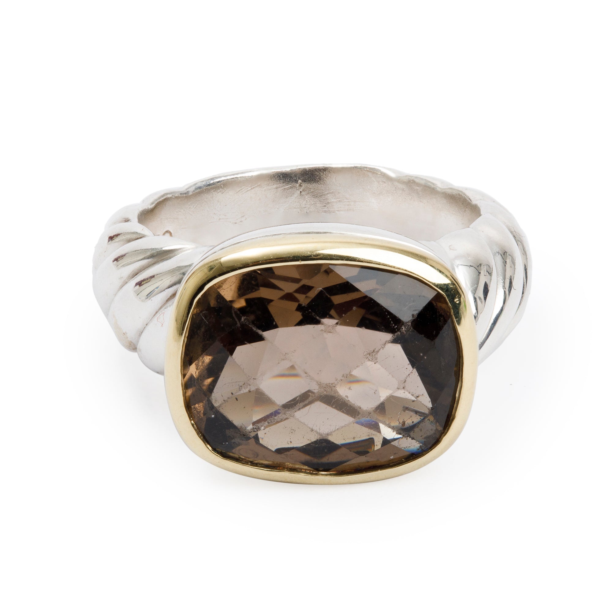 David Yurman Sterling Silver & 18k Yellow Gold Smoky Quartz Noblesse Cocktail Ring, Size 6