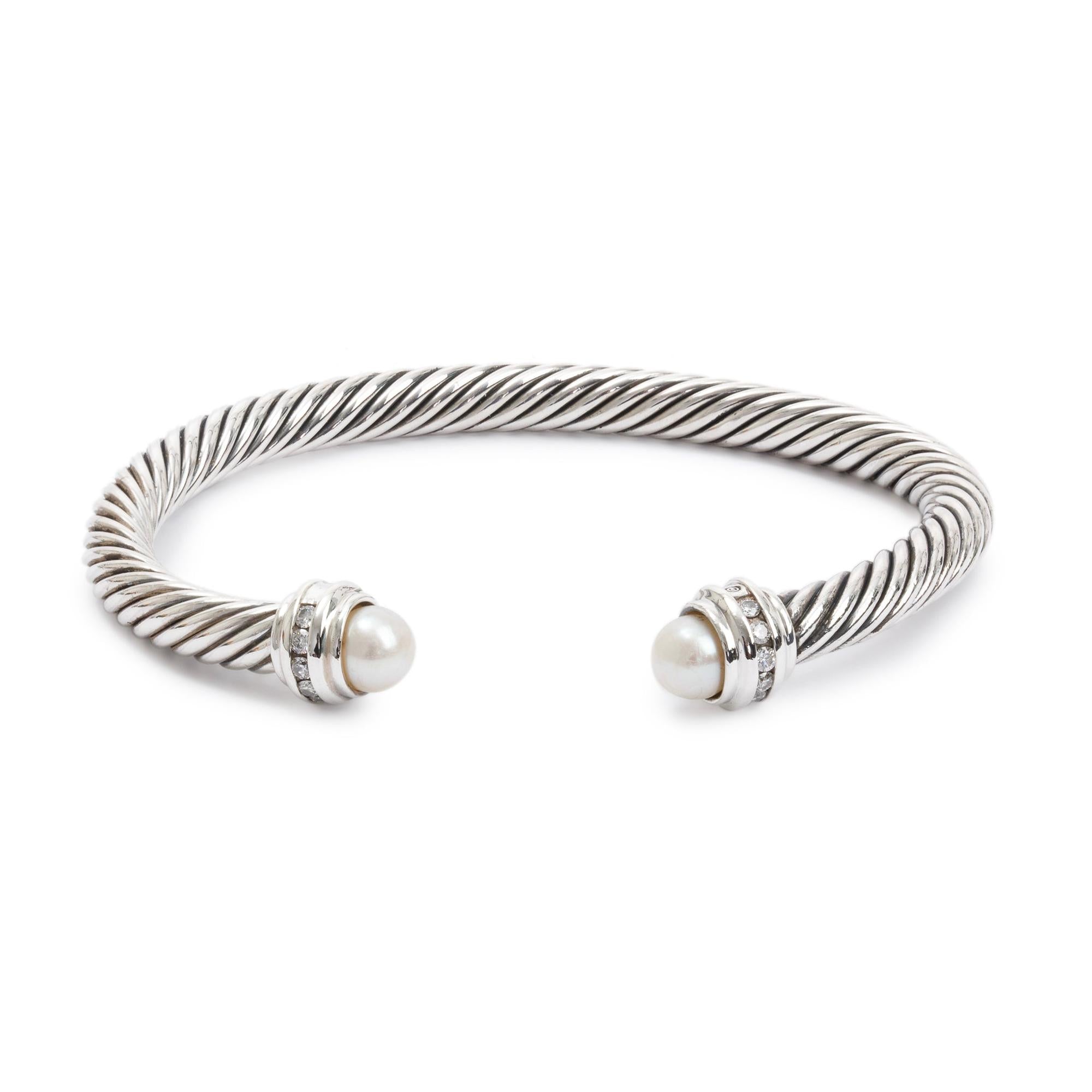 David Yurman Sterling Silver 5 MM Cable Classics Bracelet with Pearls & Diamonds
