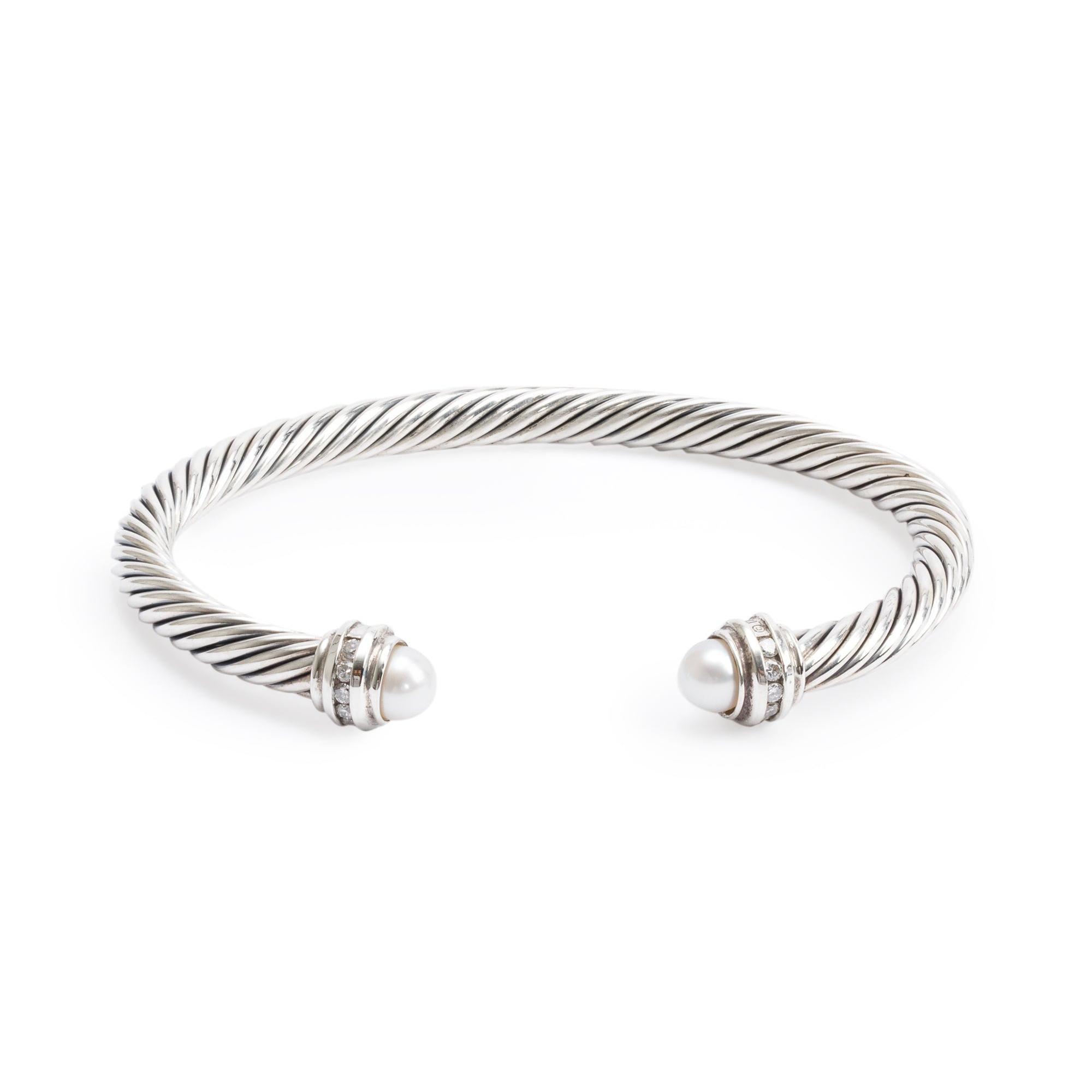 David Yurman Sterling Silver 5 MM Cable Classics Bracelet with Pearls & Diamonds