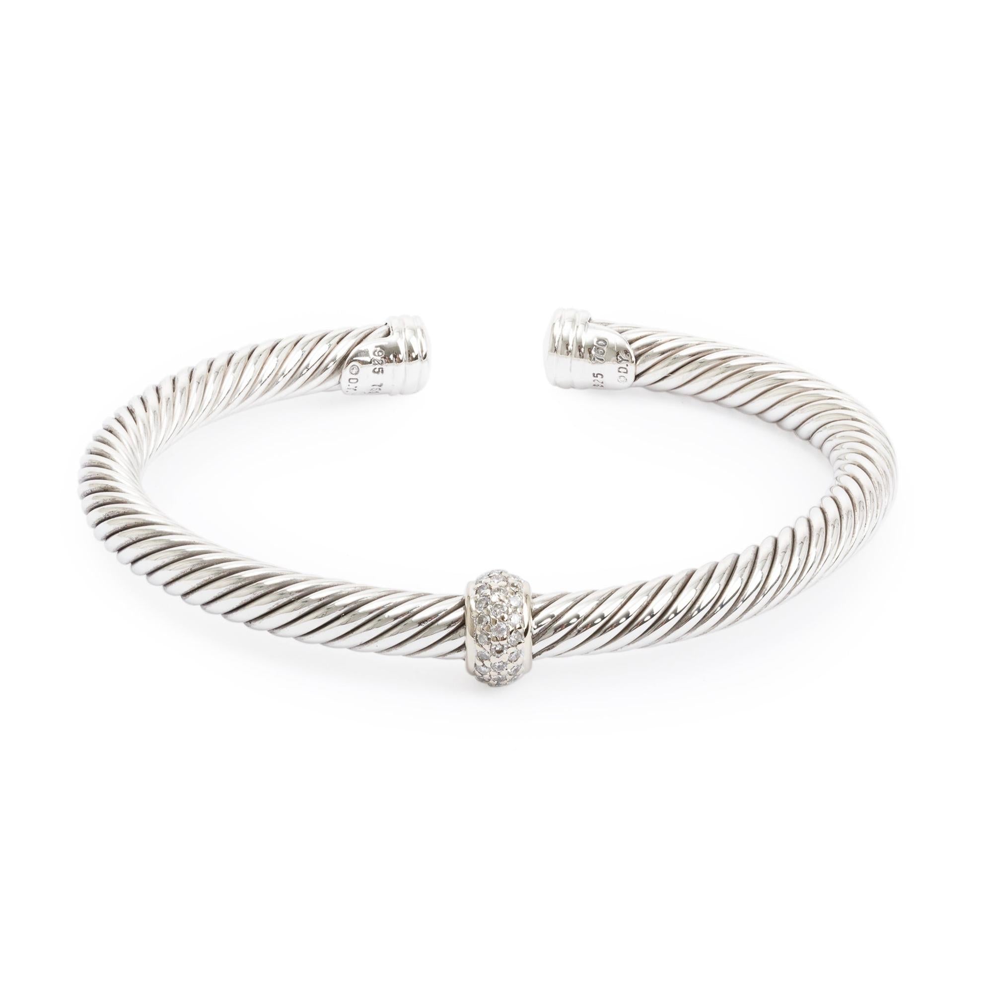 David Yurman Sterling Silver 5MM Classic Cable Diamond Station Cuff Bracelet