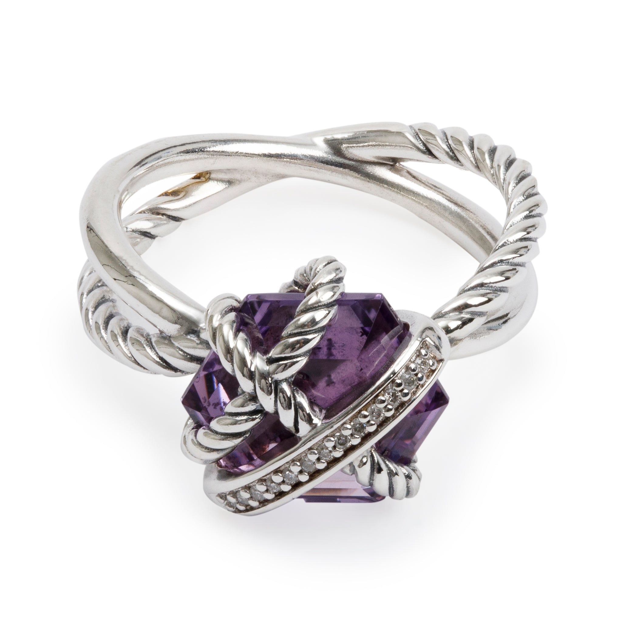 David Yurman Sterling Silver Amethyst & Diamond Cable Wrap Ring, Size 6